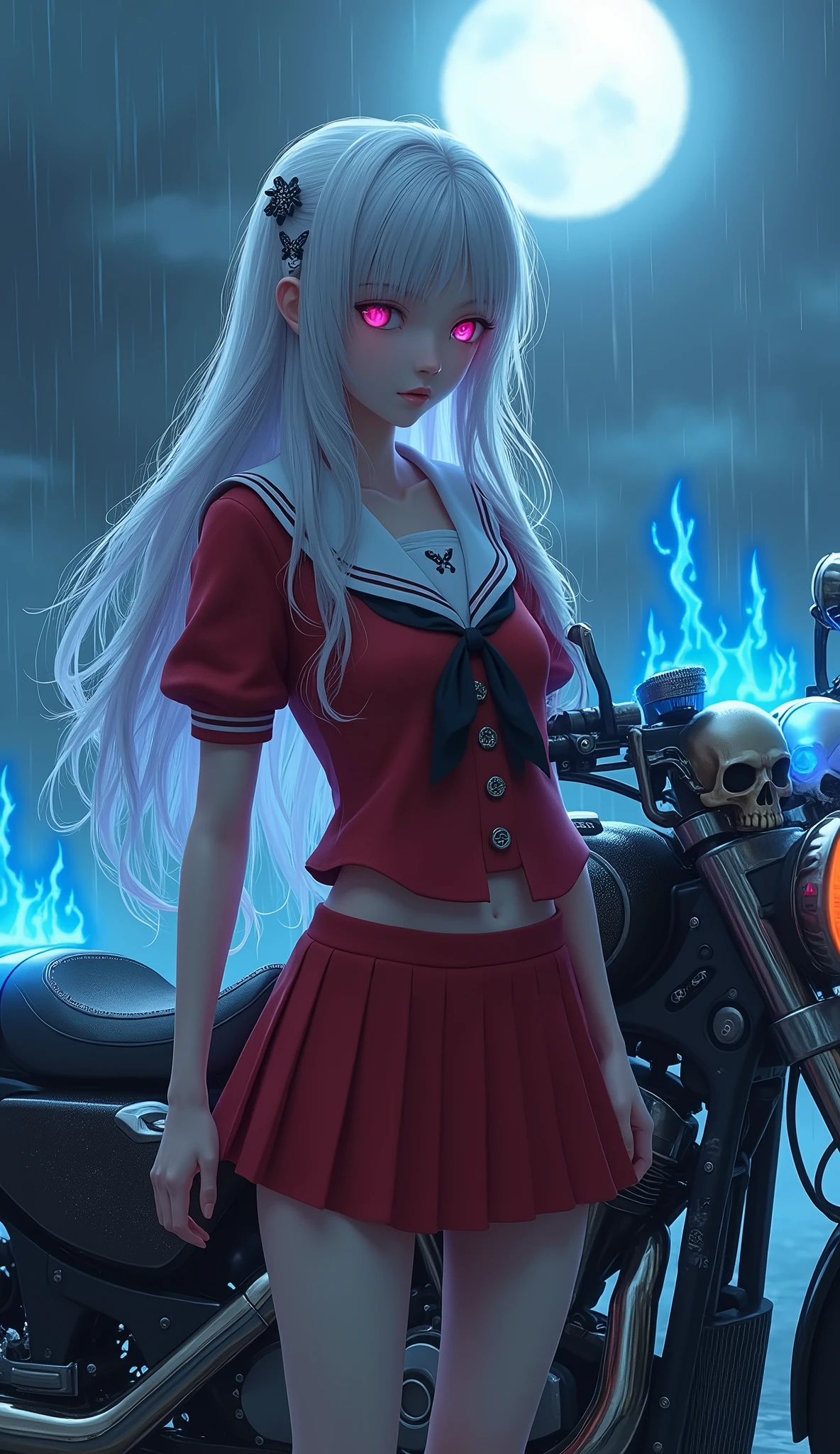 photorealistic,Realistic illustration in Modelshoot style,((masterpiece)),((The best quality)),((Ultra Quality)),((ultra detailed)),((1girl long white hair)),((Only)),((waifu:1.5)),Perfect anatomy,perfect hands,beautiful cuerpo,beautiful_method,ulzzang-6500-v1,e-chica,((Exceptionally Beauty Waifu Princess Tifa Lockhart)) 17-year-old Waifu Schoolgirl posando na frente de uma motocicleta futurista, the motorcycle has skulls and blue flames highly detailed 3D graphics, night scenery with full moon in the background, she is wearing a Red SchoolUniform with 3D skulls and flames and Sailor Miniskirt, Pantyhose , HDR, epic realism, high-octane rendering, obra de arte,((bright-pink_eyes)),long wavy hair, ((white hair)),hair clips,eyeliner,cute makeup,lipstick,Glossy lipstick,with a look of terror, worry and sadness,((eyes detallados perfectos)),rainy with fog outside,evening,pink theme,bioluminiscencia,light particles,((Extremely CG Unity 8K Wallpaper)),((cinematic lighting,Best quality lights)),intricate details,Suave,sharp focus,Extremely beautiful and aesthetic,Octane rendering,Full length portrait,damp skin,((Perfect detailed body)),