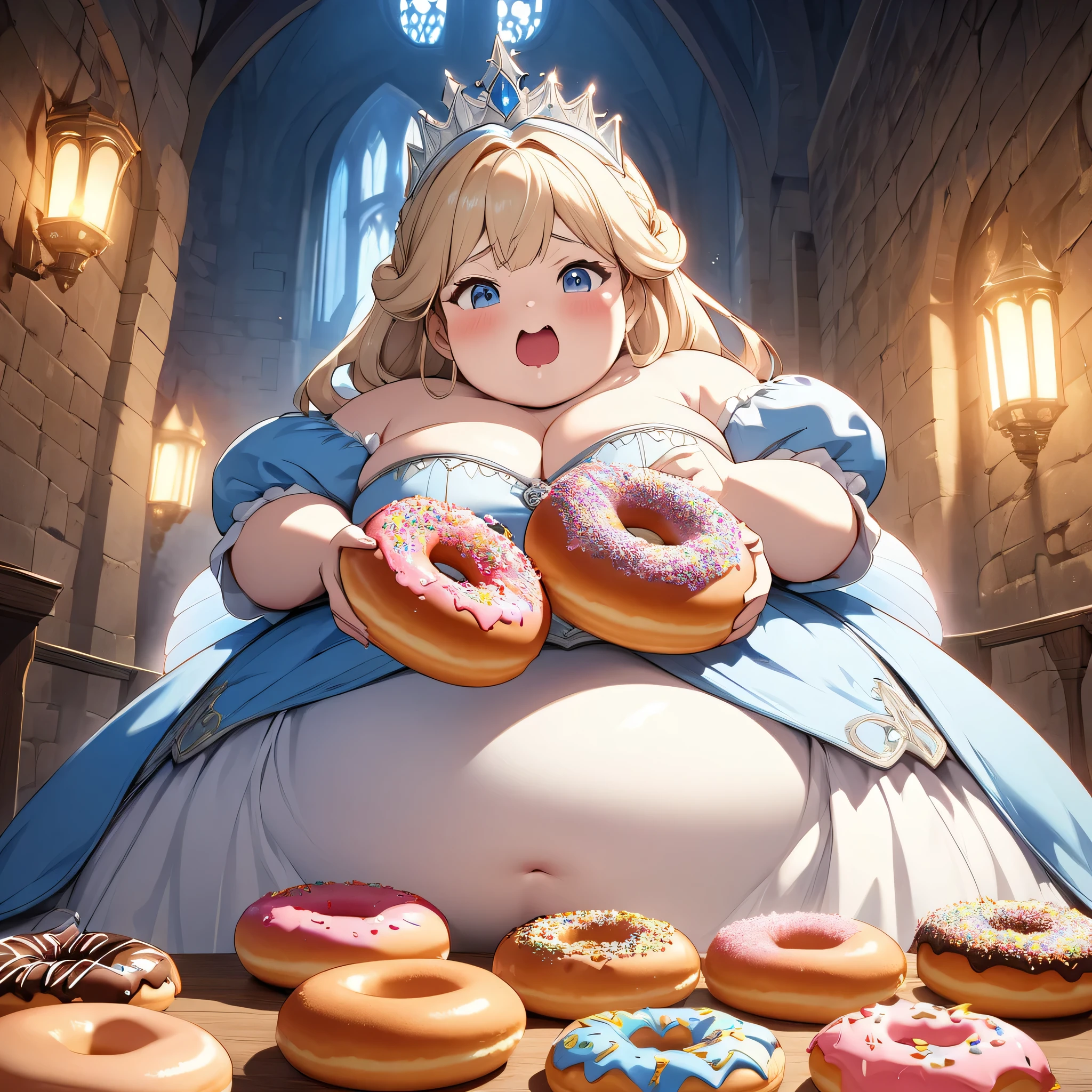 masterpiece、Bold, anime-style illustration、Humorous and crazy。 Cinematic lighting、Inside a medieval European castle、The protagonist is a fairy tale「Cinderella」The protagonist Cinderella。
She eats a lot of donuts、Plump appearance、I&#39;m worried about my weight these days。
