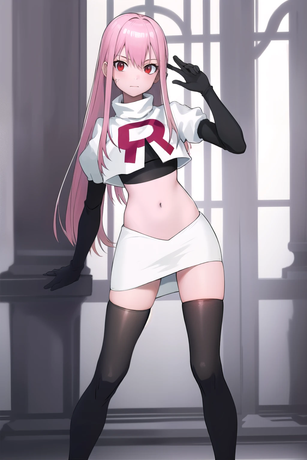 Masterpiece, Detailed, High quality, (absurdist), High Sharpness, High resolution, maiddoll, 1girls, Solo, pink hair, cracked skin,team rocket,team rocket uniform,white skirt,red letter R,crop top,black thigh-highs,black elbow gloves