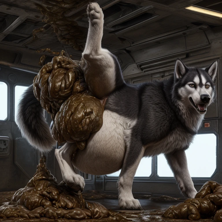 A hyper realistic, ultra detailed image of a husky, fat, (((((feral, husky rimming feces, paws))))), thick thighs, duo, shaded, intricate, realistic, detailed background, (saliva:0.8), panting, drooling, saliva, aroused, ass up, on a klingon star ship, freighter. ((((belly on back, paw on leg, standing raised leg up, excessive drooling, duo, hyper balls, feral, excessive anal scat, spreading legs, excessive hyper anal feces, husky anal feces rimming))))