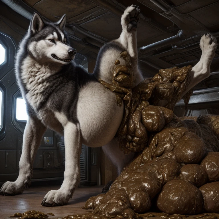 A hyper realistic, ultra detailed image of a husky, fat, (((((feral, husky, solo, raised leg))))), realistic, detailed background, (saliva:0.8), on a klingon star ship, freighter. ((((feral standing with raised leg, hyper balls, feral, huge belly, hyper canine penis, excessive anal scat, spreading legs, excessive hyper anal feces))))