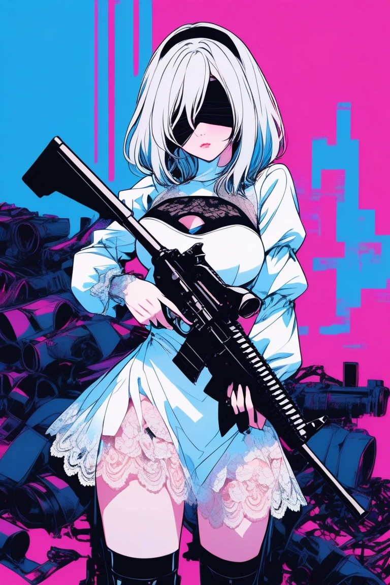 Illustrator, anime , Realistic ,sketch , 1 person, model, lip, A semi-transparent gothic white mini dress with lots of lace, Blindfold, Cover your eyes, black Blindfold, order, Blue and pink gradient background, Long hair in neon colors, Big Breasts,Upper Body, Has a machine gun, Sexy look, Sexy pose, Texture Trim, Russia, (masterpiece,Highest quality)