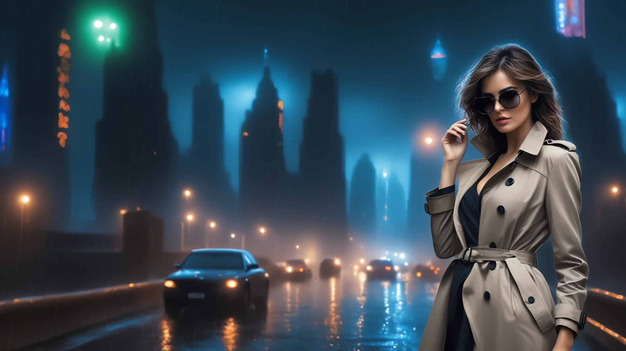 (Hyper-realistic photograph:1.4), Captivating scene under the rain at night on a rooftop, a sexy slim woman, large breast cleavage, with short brown hair, three-quarters view, Black trench coat, (black sunglasses, holding a short gun), with a dark rainy city landscape in background, blue eyes, photography style, (half-body shot:1.3), (contemplative expression:1.2),(well-lit:1.2) Extremely Realistic, serendipity art, (sharp focus:1.3), intricate details, highly detailed, by God himself, original shot, masterpiece, detailed and intricate, Movie Still, guttojugg1