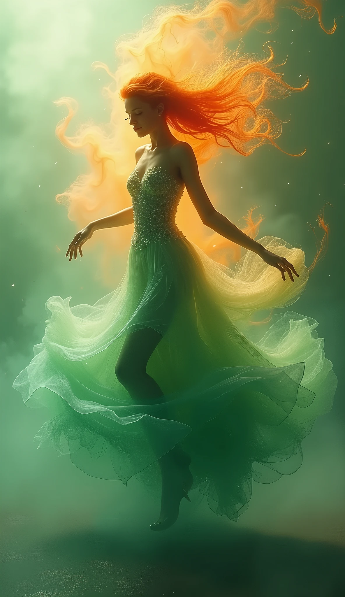 A mesmerizing 3D render by the skillful artist Mschiffe, showcasing a ghostly, smoke-like female figure dancing. The enigmatic woman appears in front full view, exuding a mystical aura as she weaves through a colorful explosion of orange and green hues. Her ethereal form is embellished with motion effects, invoking a sense of fluidity and movement. The background is a breathtaking fusion of vibrant muted green colors that harmoniously blend with the eerie, yet captivating atmosphere of the scene.