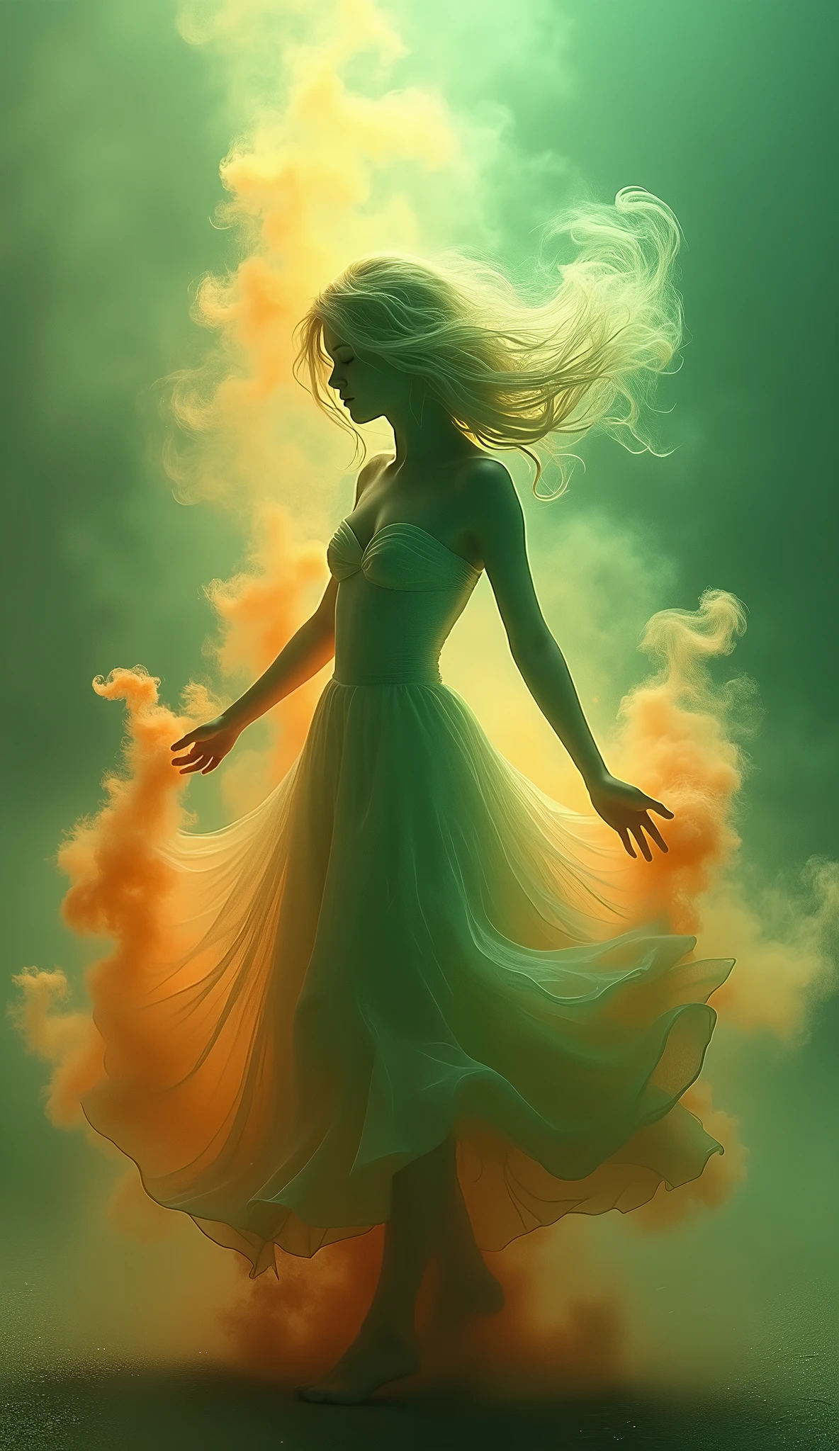 A mesmerizing 3D render by the skillful artist Mschiffe, showcasing a ghostly, smoke-like female figure dancing. The enigmatic woman appears in front full view, exuding a mystical aura as she weaves through a colorful explosion of orange and green hues. Her ethereal form is embellished with motion effects, invoking a sense of fluidity and movement. The background is a breathtaking fusion of vibrant muted green colors that harmoniously blend with the eerie, yet captivating atmosphere of the scene.