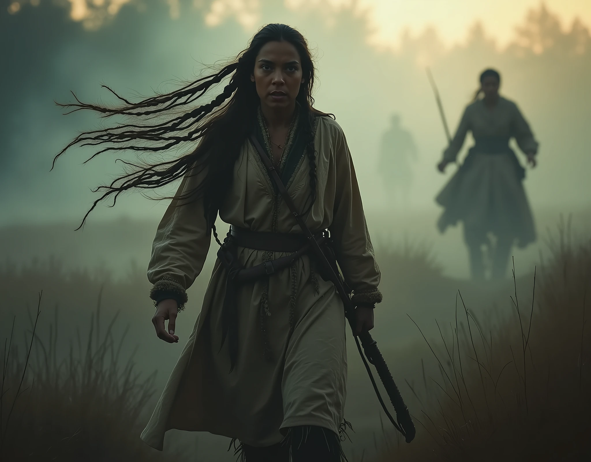 year: 1828. Location: Illinois. Pre-Raphaelite scene with native american squaw, a sauk native american escapes and runr away from enemies, war victim, scared woman, ((((Clothing from the 1820s)))), ((Hairstyle of the 1820s)), ((( cinematography))). [The character is surrounded by mist, evoking a mysterious and eerie atmosphere. The lighting is dark and atmospheric, with smoke adding a touch of sinister ambiance. Best quality image, HDR enhancement, showcasing the utmost level of detail and realism, full body shot:1.5]. [8K, Best Quality, Ultra High Resolution, (highly detailed CG unity 8k wallpaper), (best photo), cry, (best shadows), isometric 3D, octane rendering, ray tracing, highly detailed, (Best quality, 4K, 8k:1.2), absurdity, ultra detailed, (realistic, photorealistic, photorealistic:1.37), complex parts, HDR, (complex parts:1.12), (hyper detailed, hyper realistic, Soft lighting, spicy:1.2), (complex parts, Hyper detailed:1.15). Blurred foreground. (backlit), masterpiece, high quality, brightness, chromatic aberration, foggy smoke, shadows, ontrast, clear sky, (warm hue, warm tone), high details, natural reflections].