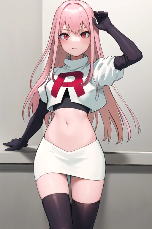 Masterpiece, Detailed, High quality, (absurdist), High Sharpness, High resolution, maiddoll, 1girls, Solo, pink hair, cracked skin,team rocket,team rocket uniform,white skirt,red letter R,crop top,black thigh-highs,black elbow gloves