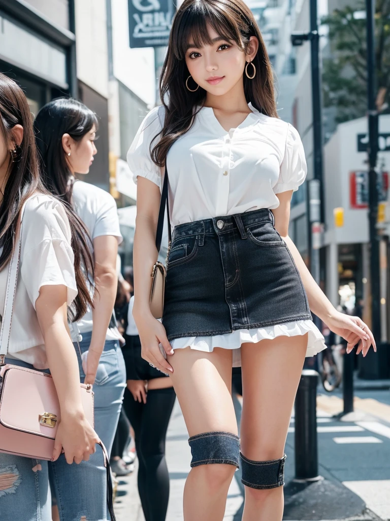Product quality,1 girl,Cowboy Shot,Front view,(Thigh Emphasis:1.6),(Angle up to the knee:1.5)Young and cute Japanese,20-year-old,smile,Harajuku,(Crowded street:1.4),((White stylish blouse:1.5)),((Fashionable bags:1.5)),Fashionable necklaces,Stylish earrings,((Super short micro mini skirt in black denim fabric:1.5)),No pants,Very cute face,Glossy Lips,Big eyes,Brown eyes,Double eyelids on both eyes,(Natural Makeup),Small and cute nose,shiny smooth light brown long hair,,,,,Asymmetrical bangs,Center image,8k resolution,Attention to detail,Detailed hairstyle,Detailed face,Cinema Lighting,Octane Rendering,Ultra-realistic,Perfect limbs,(Detailed fingers:1.5),Beautiful legs,Voluptuous thighs,Huge breasts,Perfect Anatomy,Bold sexy pose,