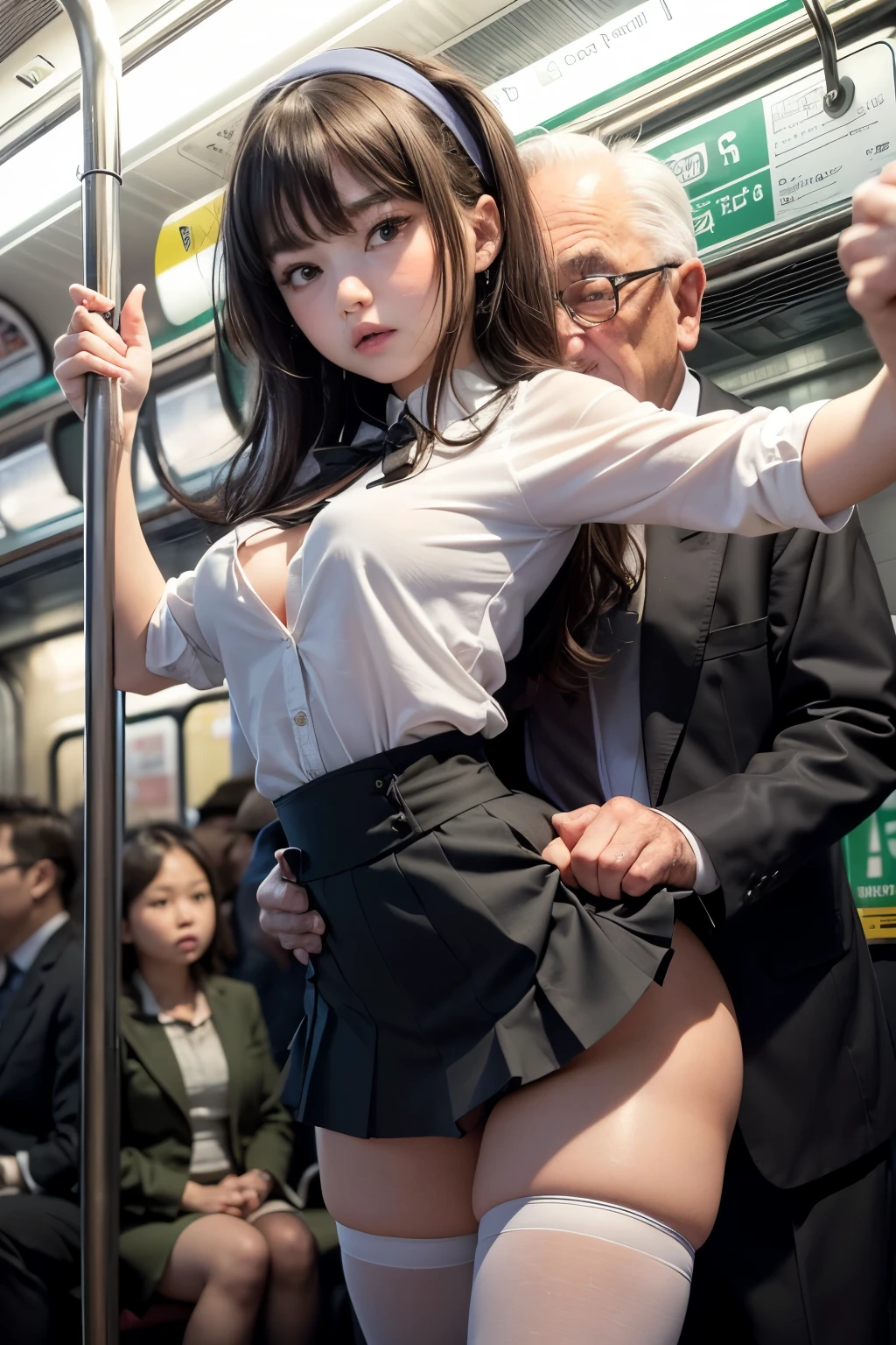 (SFW), ((photorealistic)), (masterpiece), (best quality:1.3), absurdness, [:intricate details1.3], SFW, realistic, masterpiece, (((VERY crowded subway train interior detailed scenario, VERY crowded subway train interior detailed background))), standing insanely hot (young 1) using sexy ((skirt)), ((behind skirt lifted)), ((3/4 white stockings)), ((big ass)), ((thick thighs)), ((fear/shocked expression)), (blushed face), (perfect body proportions)), old small man ass groping young small girlom behind, (((old small man pressing his chest on young woman 1 back))) and (((holding her waist behind her)))