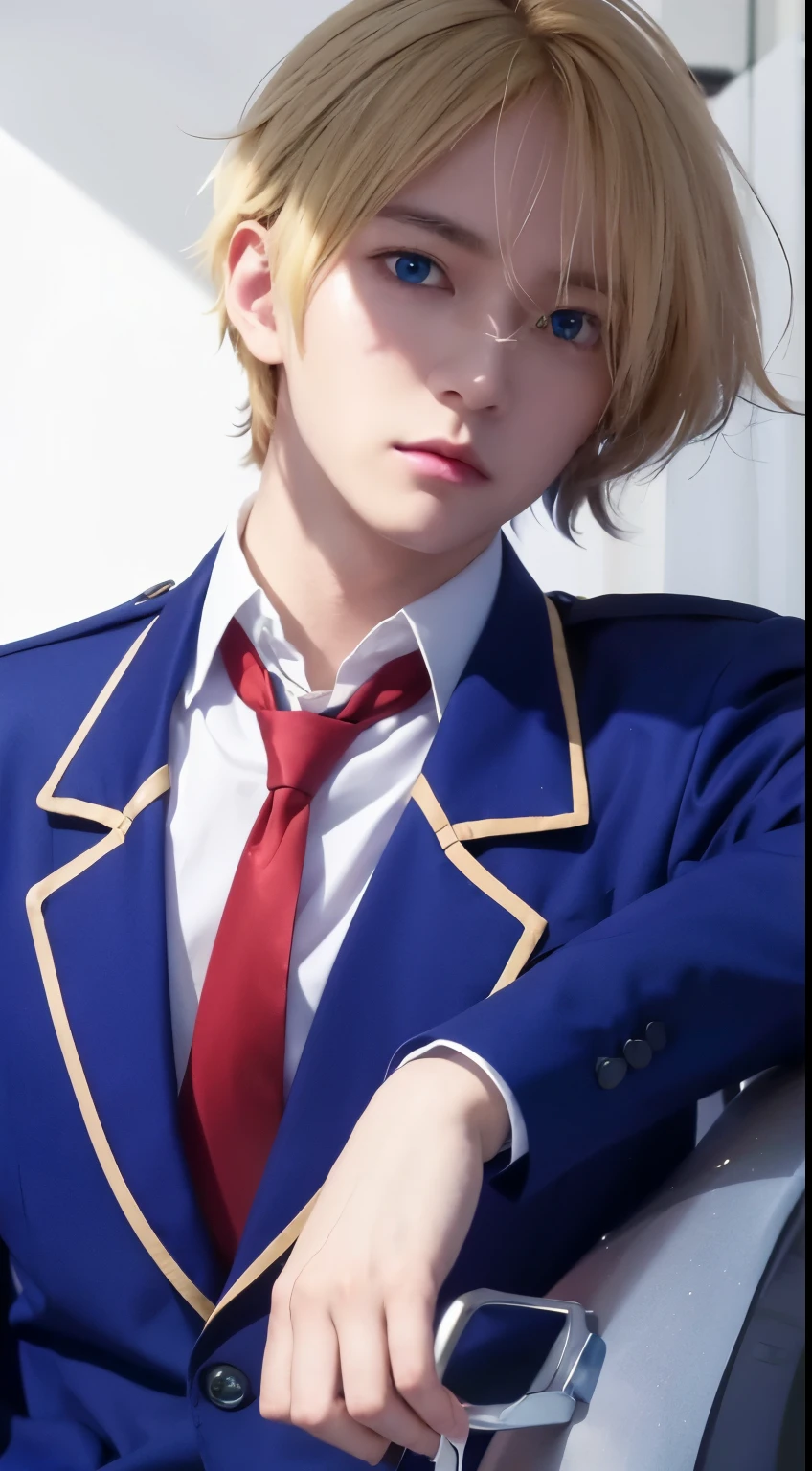 Aqua hoshino, male, caracter of oshi no ko anime, blue eyes, yellow hair, blue high school uniform, detailed face, detailed hair, detailed eyes, detailed hand, ultra realistic, ultra detailed, best quality, masterpiece.