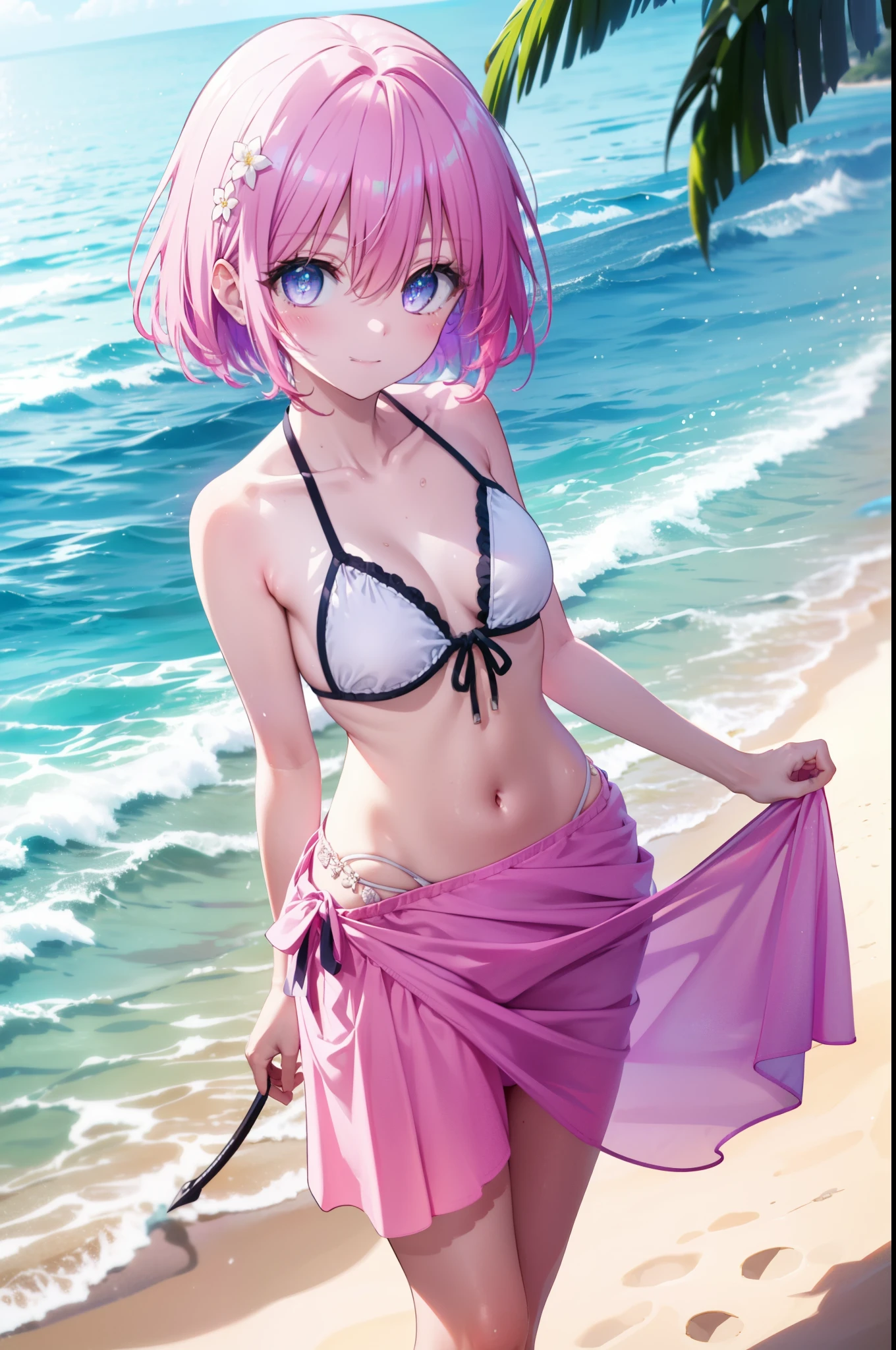 Momodebilke, Deviluke Type, demon tail, Hair Flower, hair ornaments, (Purple eyes:1.1), Pink Hair, short hair, tail, smile,
break demon tail, Pink leisure bikini,Pareo Swimsuit,barefoot,Belly button,A thin long skirt is wrapped around her waist,Strolling on the sandy beach,True Summer,Daytime,Clear skies,whole bodyがイラストに入るように,
break outdoors,Beach,
break looking at viewer, whole body,
break (masterpiece:1.2), Highest quality, High resolution, unity 8k wallpaper, (figure:0.8), (beautiful detailed eyes:1.6), extremely detailed face, Perfect lighting, extremely detailed CG, (Perfect hands, Perfect Anatomy),