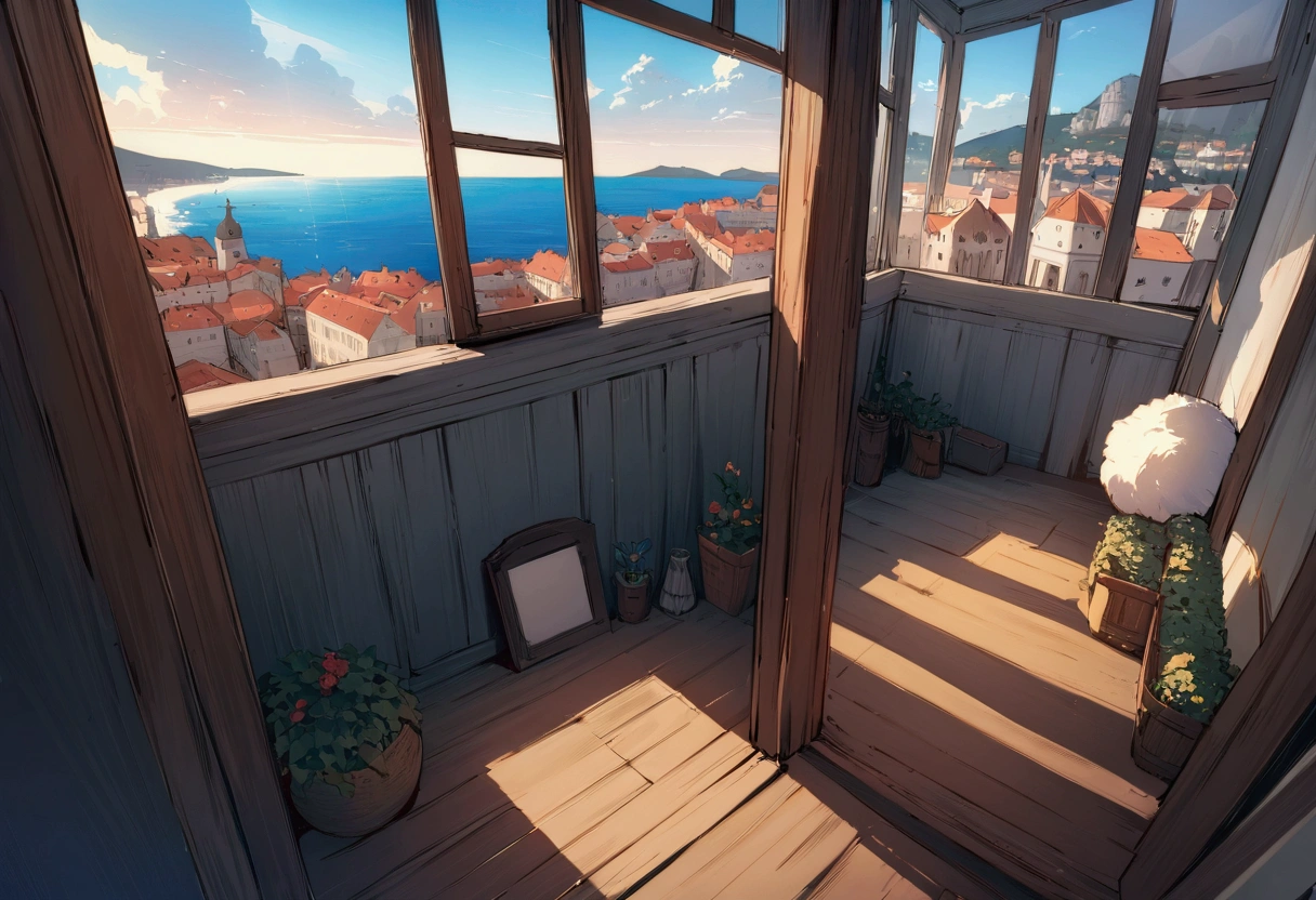 ((((masterpiece, Highest quality, High resolution)))), Attention to detail, manga，anime，Illustration Style，Use of bright colors, Fantasy world of medieval Europe,Bedroom, Sophisticated interior,The cityscape of Dubrovnik,The sea and cityscape as seen from the window of a house on a high platform，No humans，High position,The cityscape and seascape spread out below., RPG-like scenery, The sky is bright blue、Fluffy white clouds floating, And the sun is shining brightly, Creates a magical, comfortable atmosphere, Bright daytime atmosphere.Sunlight is shining through the window,A room with a living feel,Adventurer's Room,