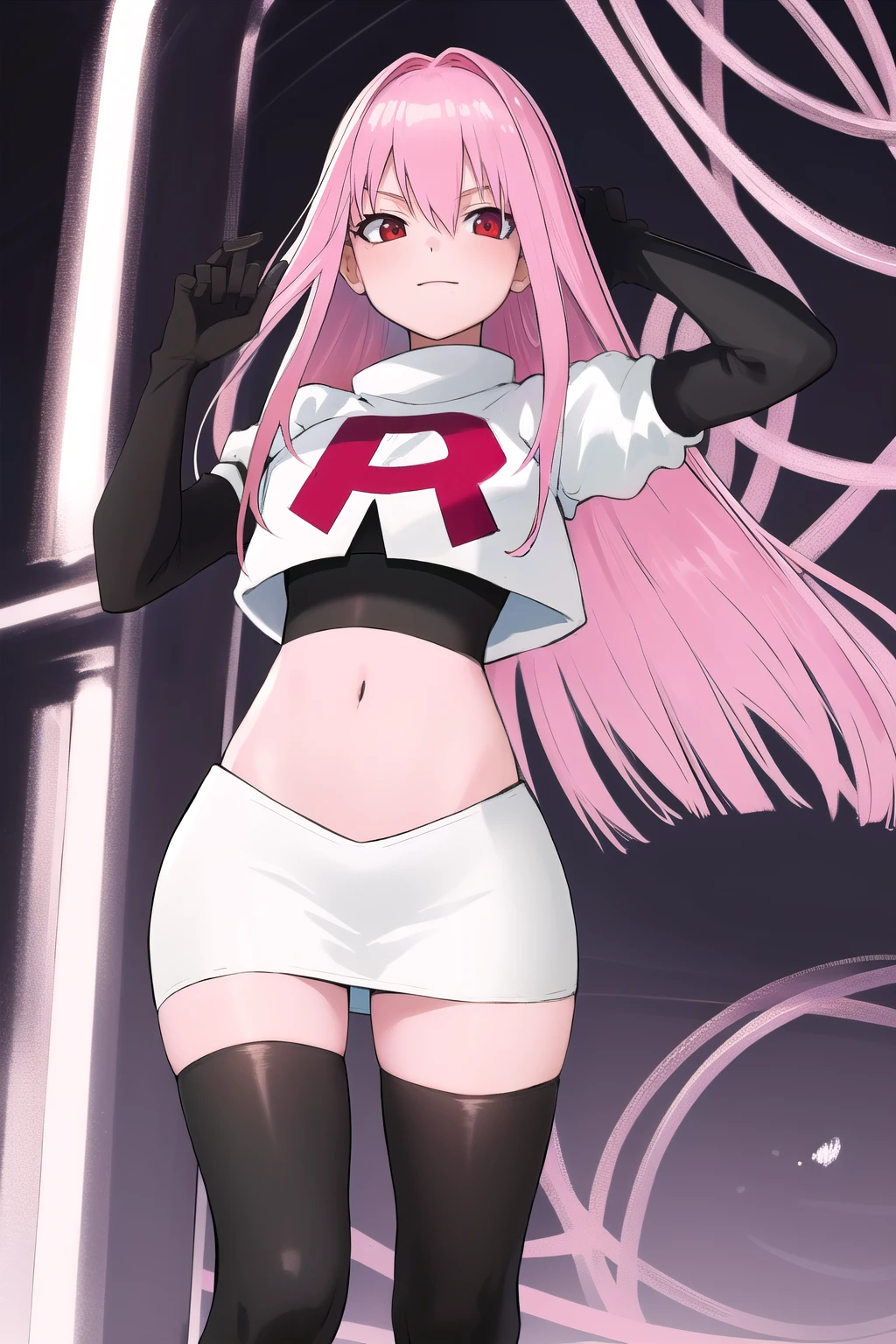 Masterpiece, Detailed, High quality, (absurdist), High Sharpness, High resolution, maiddoll, 1girls, Solo, pink hair, cracked skin,team rocket,team rocket uniform,white skirt,red letter R,crop top,black thigh-highs,black elbow gloves