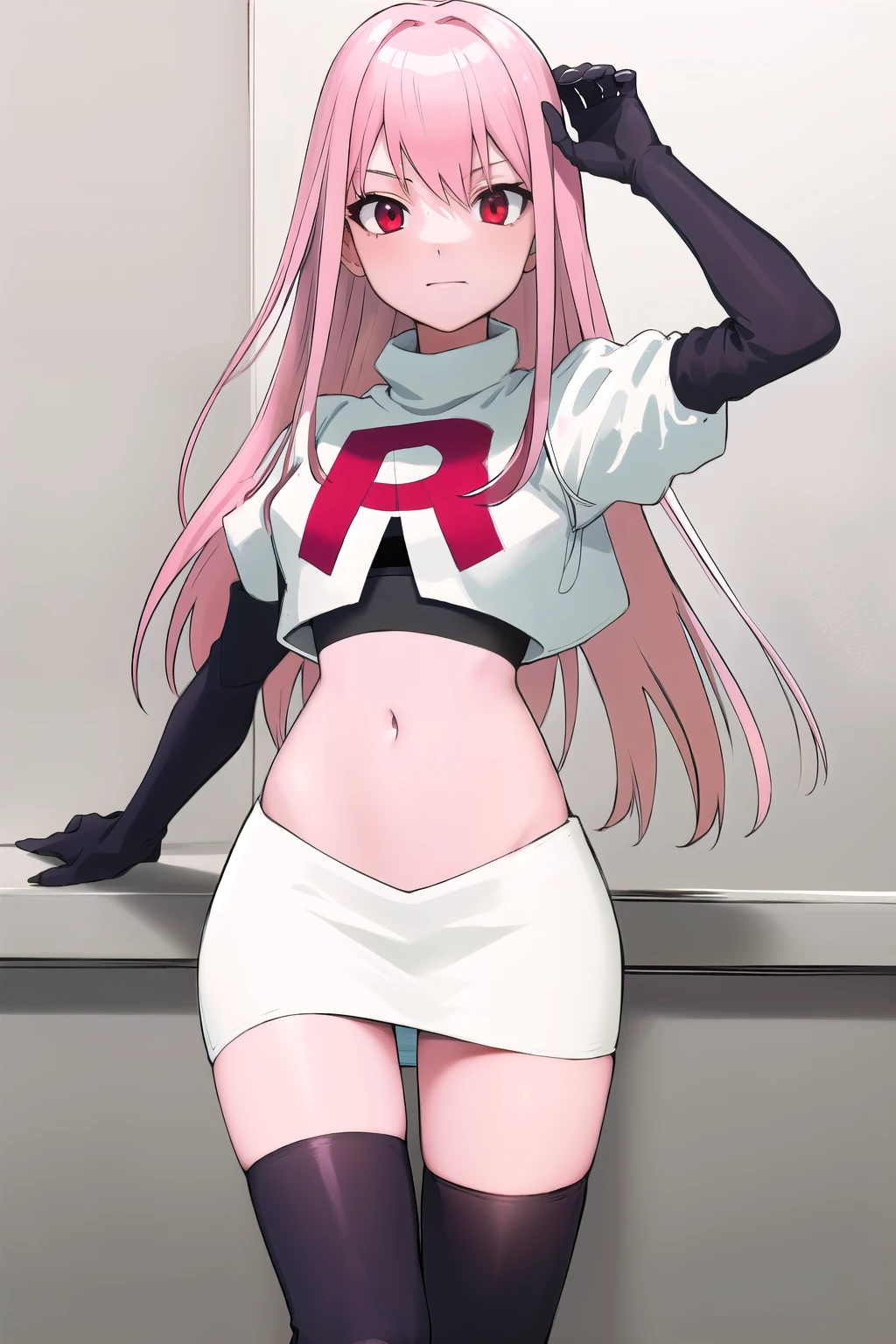 Masterpiece, Detailed, High quality, (absurdist), High Sharpness, High resolution, maiddoll, 1girls, Solo, pink hair, cracked skin,team rocket,team rocket uniform,white skirt,red letter R,crop top,black thigh-highs,black elbow gloves