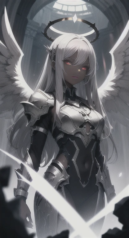 Dark skin, corrupted halo, impure queen, rare, cursed maiden, Angelic armor, beautiful young woman, powerful aura, long silver hair, red glowing eyes, grey skin, black wings, palace ruins,