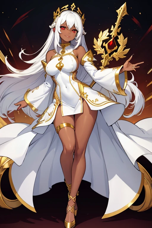 female, white long hair, red eyes, dark skin, (((1girl))), (((white and gold minidress))), (white detached sleeves), (gold heels), cute and sexy, full body, large breasts, long legs, smiling