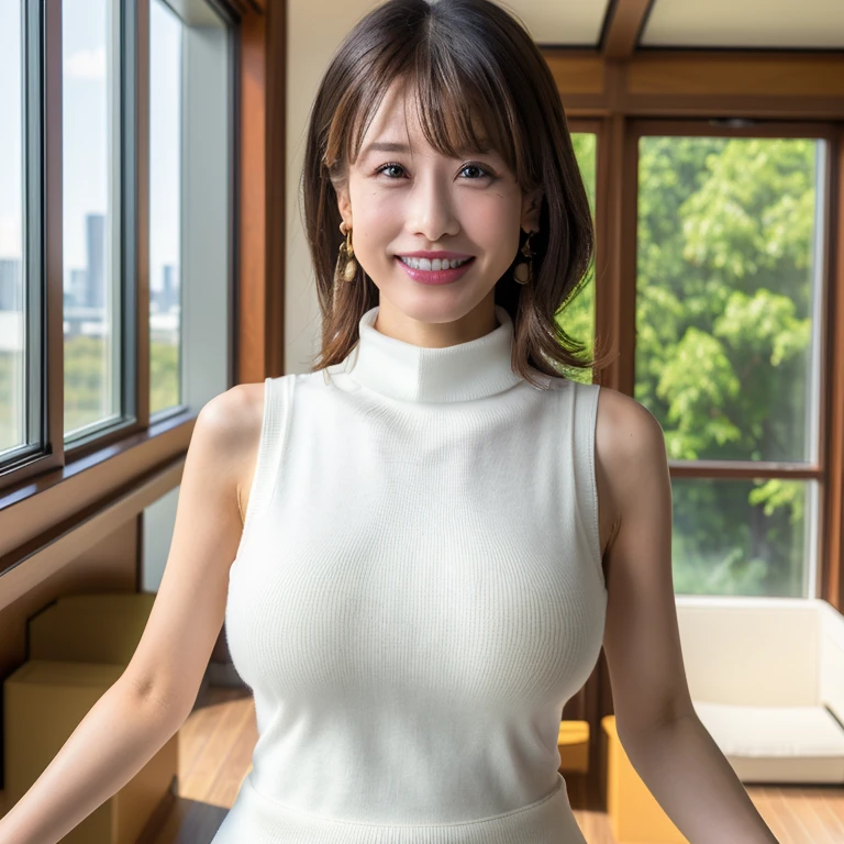 (Highest quality、Tabletop、8k、Best image quality、Award-winning works)、1 female、(Perfect sleeveless turtleneck knit sweater dress in random colors:1.3)、The biggest smile looks at me、(Big Breasts:1.8)、Exactly、(Accentuate your body lines:1.2)、The length is high.、(Glamorous Body:1.2)、(Chubby body type:1.2)、優雅で美しい窓辺にStanding Elegantly.、(Standing Elegantly:1.2)、(Elegant and beautiful curtains:1.1)、(Perfectly organized and beautiful windows in a new home:1.1)、Refresh Window、(A refreshing view from the window:1.1)、New beautiful wall、Natural Makeup、Ultra-high definition beauty face、Ultra HD Hair、Ultra-high definition sparkling eyes、(Ultra-high resolution glossy skin:1.1)、Ultra-high quality glossy lips、(Accurate anatomy:1.1)、(very bright and vivid:1.3)、(Bright and beautiful skin:1.3)