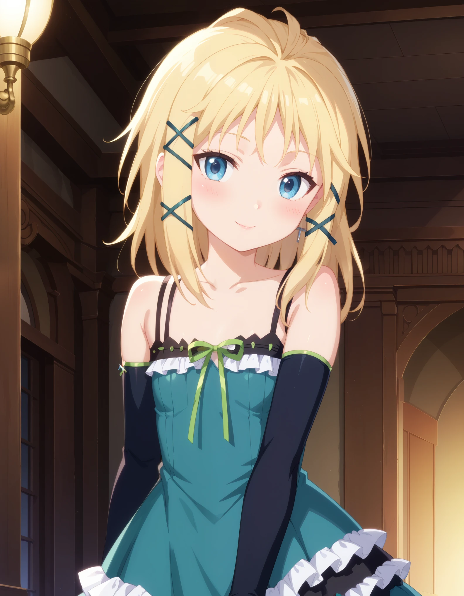 score_9, score_8_up, score_7_up, prefect lighting, very aesthetic, BREAK, anime screencap, anime coloring,
1girl, tina sprout, black bullet, blonde hair, blue eyes, hair ornament, flat chest, tinadress, dress, ribbon, bare shoulders, detached sleeves,
BREAK, light smile, blush, looking at viewer, cowboy shot, 
BREAK,