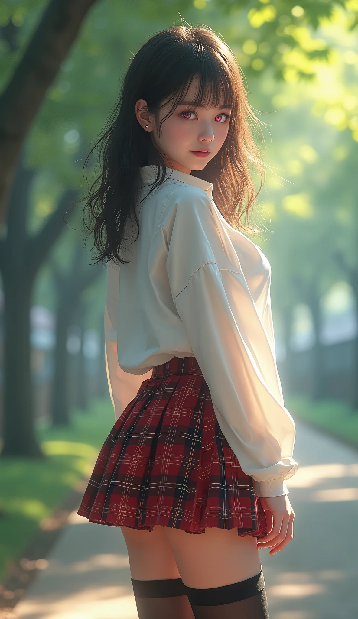 (((There is one girl:1.5))),Waifu E-girl, Cat Ears, Cat Tail, ((Glowing-Pink-Eyes)),(((A tall high school girl with a model figure))),Perfect proportions,(Standing facing this),Full body photography,(wide thighs, Very long legs),Fleshy,Mid-chest,(((Cleavage))),Breast enlargement,swelling of the nipples,Unbutton your shirt,Loafer Asterpiece on the ground:1.3),((8k, Photorealistic:1.4)),((Surreal,RAW Photos, highest quality: 1.4)),((Ultra high definition,Super detailed)), Beautiful Face,((Realistic face),(Brown's shortcuts:1.3)),Short Hair,Disheveled Hair,Fluffy hair,Detailed eyes,Realistic beautiful skin,Golden Ratio,Super cute,Open your mouth a little,smile,High school girl in summer clothes,White shirt,Sweaty,Wetty,(Wet shirt),See-through shirt,Light clothing,Surreal school girl,pleated micro mini skirt,Checkered micro mini skirt,Pleated miniskirt with tartan check,((I can see your panties!!)),pantyhose,(Black Stockings),((Knee-high stockings)),loafers,Esbian all over,High school girl wearing JK uniform,Sexy pose,Anatomically accurate body,Precisely drawn fingers,