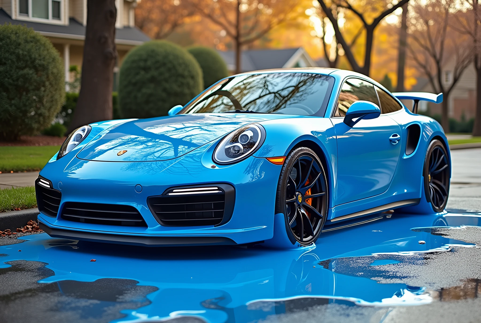 Modern Cartoon, Depict a surreal scene with a Porsche 911 GTS, covered in thick, vibrant blue liquid paint that appears to be melting and dripping down the sides of the car. The paint puddles on the ground around the car, creating a flowing, almost organic appearance. The Porsche retains its sleek form beneath the dripping paint, with its distinctive curves and sharp details peeking through. The setting is in a suburban street, with trees in the background. The lighting should be warm and natural, casting soft reflections on the car's glossy surface, while the liquefied paint adds a playful and artistic twist to the otherwise ordinary scene.