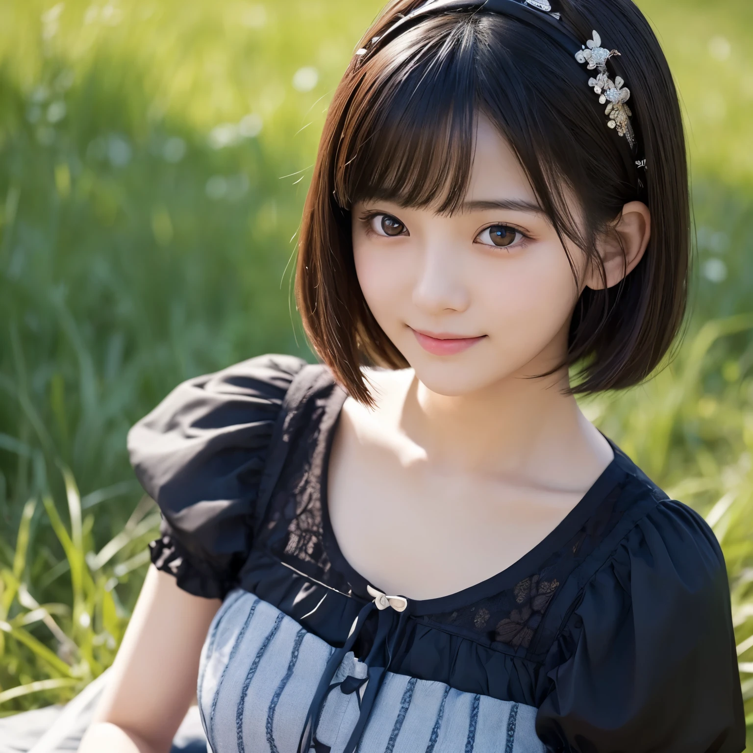 18 years old, Japanese, with short black hair,Inner Color,with a shy expression and eyes looking downward, low quality:2, captures a serene mood,more real quality,not too much AI,Photorealistic,Realistic,Close-to-reality,Pretty Girl,shy Smile,Embarrassed,Elevate saturation for striking visuals,Subdued lighting effect,,symmetrical posture,cheek-to-cheek:1.5,Picnic in the Meadow,gothic lolita,Smirk
