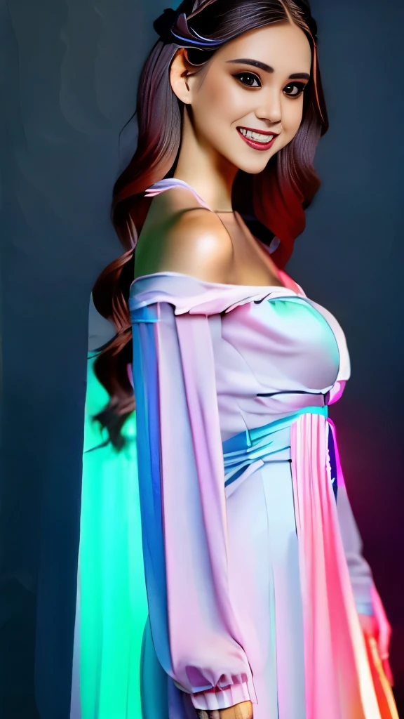 masterpiece, best quality, julia fe, 1girl, solo, long hair, looking at viewer, blush, smile, negative space, (bioluminescence:1.2), darkness, dark background, long sleeves, dress, bare shoulders, medium breasts, very long hair, wide sleeves, cape, white dress, circlet