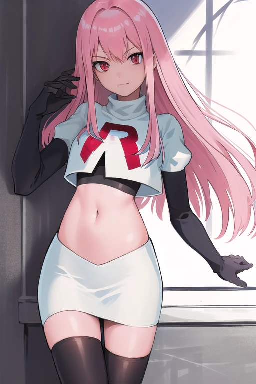 Masterpiece, Detailed, High quality, (absurdist), High Sharpness, High resolution, maiddoll, 1girls, Solo, pink hair, cracked skin,team rocket,team rocket uniform,white skirt,red letter R,crop top,black thigh-highs,black elbow gloves