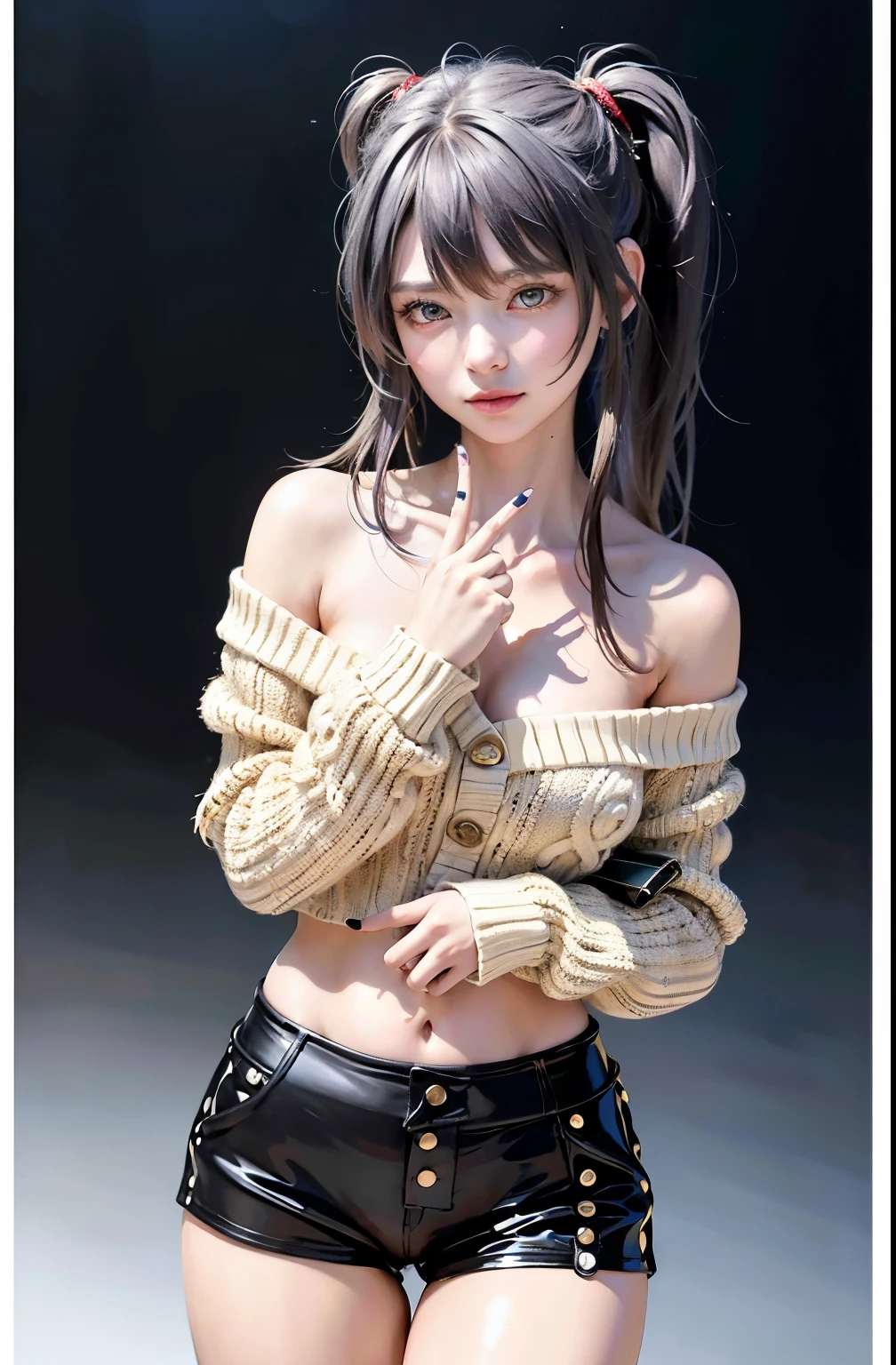 One person,masterpiece,Highest quality,Two tail (Genshin Impact),button,ponytail,Brunette,alone,Symbol pupil,Long Hair, finger heart, bangs, Black shorts,(Highly detailed CG Unity 8K wallpapers), (masterpiece), (Highest quality), (Very detailed), (Best illustrations), (Best Shadow), (Realistic:1.4), One person on street, K-Pop Idols, ((Very oversized sweater, buttonセーター, open sweater), (Gray Hair:1.1), clavicle, (Middle chest: 1.3), Audience, smile, whole body, (latex clothing, Latex tights, soft smile, Smooth texture of the garment),