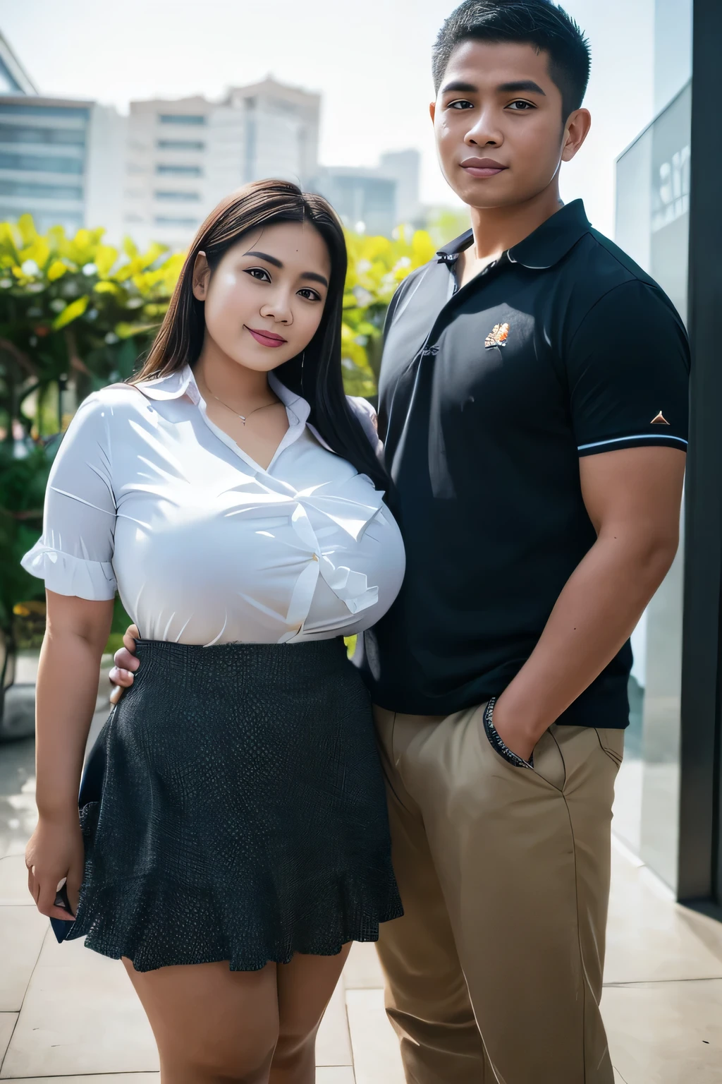 portrait of a big Indonesian lady in ruffled mini skirt, standing with one  (1 boy), Indonesian girl has big breasts, boy grabbing the girl, realistic, high detailing, hyper-realistic, 8k (( boy grabbing girl' waist)) , sexual pose,  pose