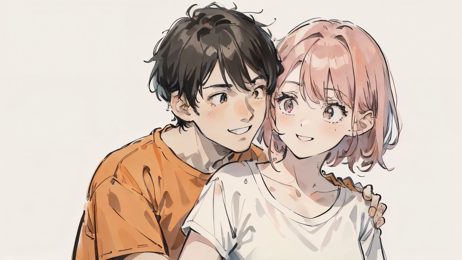 1 woman (pink hair, medium hair, orange shirt), 1 man (black hair, short hair, white shirt), upper body composition, side angle, no background, man hugging woman from behind, 2 people (man and woman) , the woman has a surprised face, the man has a kind smile, the woman is cute, the man is cool, the highest quality, a masterpiece