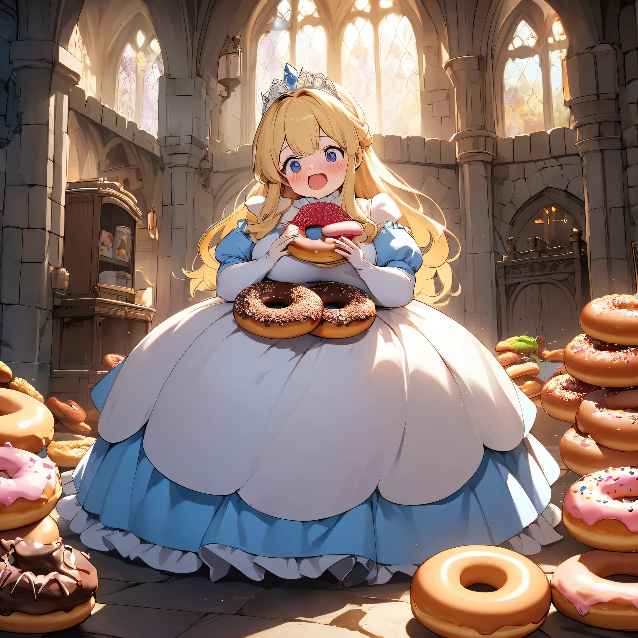 masterpiece、Bold, anime-style illustration、Humorous and crazy。 Cinematic lighting、Inside a medieval European castle、The protagonist is a fairy tale「Cinderella」The protagonist Cinderella。
She eats a lot of donuts、Plump appearance、I'm worried about my weight these days。
