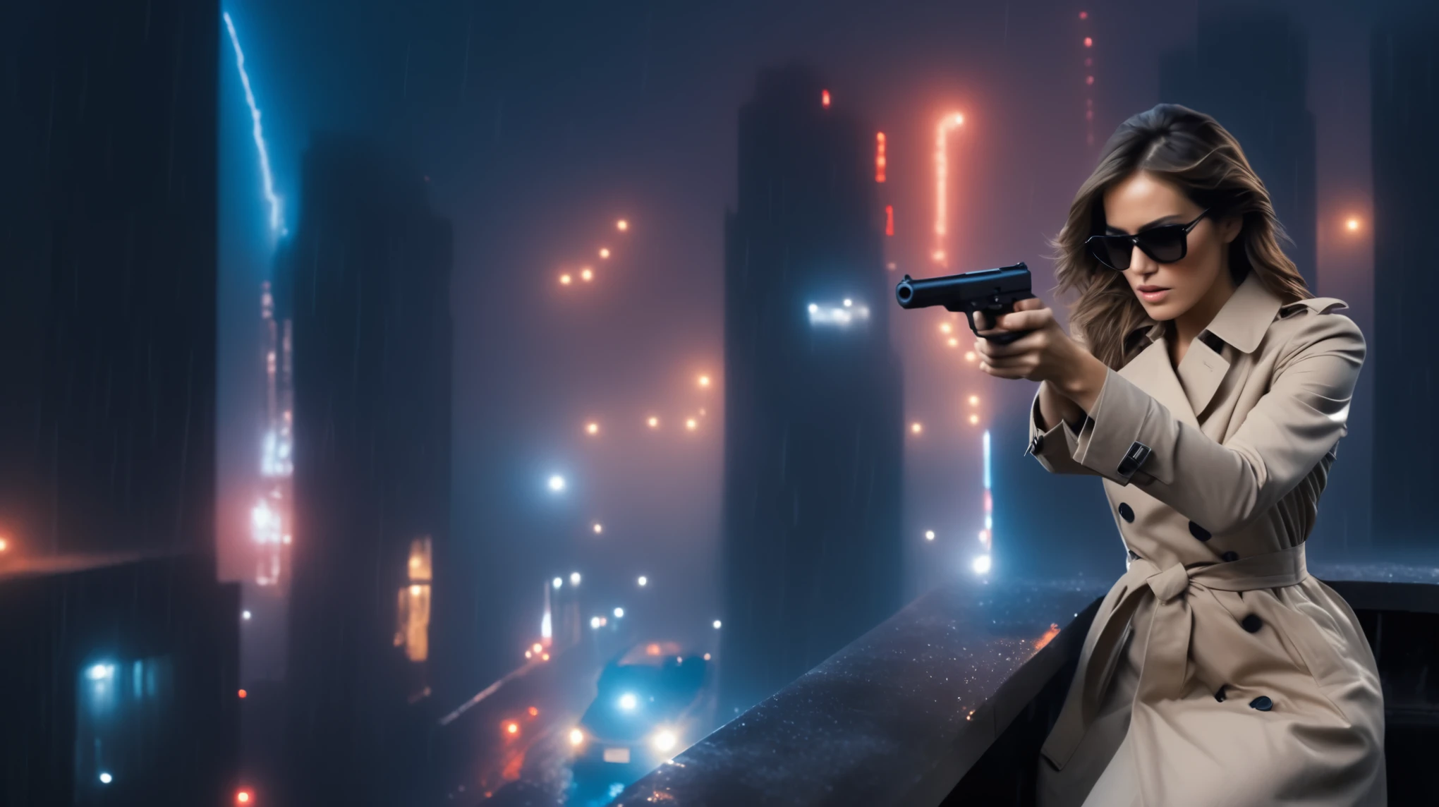 (Hyper-realistic photograph:1.4), Captivating scene under the rain at night on a rooftop, a sexy slim woman, large breast cleavage, with short brown hair, three-quarters view, Black trench coat, (black sunglasses, holding a short gun), with a dark rainy city landscape in background, blue eyes, photography style, (half-body shot:1.3), (contemplative expression:1.2),(well-lit:1.2) Extremely Realistic, serendipity art, (sharp focus:1.3), intricate details, highly detailed, by God himself, original shot, masterpiece, detailed and intricate, Movie Still, guttojugg1