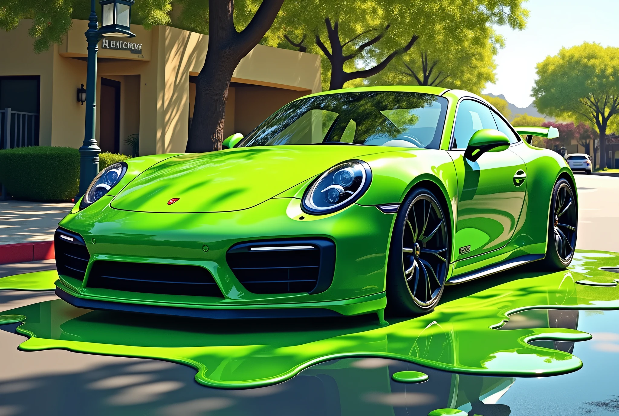 Modern Cartoon, Depict a surreal scene with a Porsche 911 GTS, covered in thick, vibrant green liquid paint that appears to be melting and dripping down the sides of the car. The paint puddles on the ground around the car, creating a flowing, almost organic appearance. The Porsche retains its sleek form beneath the dripping paint, with its distinctive curves and sharp details peeking through. The setting is in a suburban street, with trees in the background. The lighting should be warm and natural, casting soft reflections on the car's glossy surface, while the liquefied paint adds a playful and artistic twist to the otherwise ordinary scene.