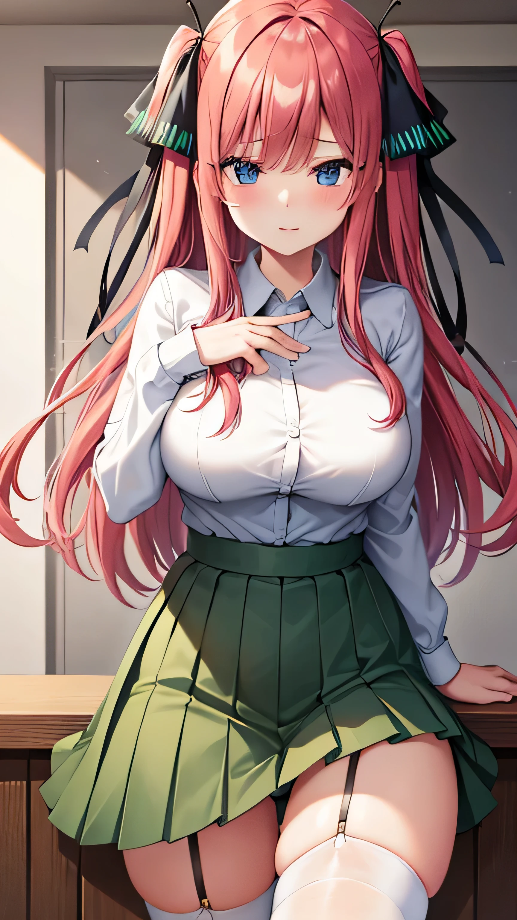 One Girl，Full body portrait，Big Breasts，Big Breasts，Perfect Five Fingers、mini skirt、Black pantiesが見えています、Black panties、Embarrassed face、Voluptuous legs、Perfect、Highest quality、Big Breasts、Detailed Description、The finer details、Detailed face、White skin、Nakano Nino、Pink heir、Butterfly heir decoration、five-minute bride、school uniform、White shirt、Summer clothes、Green Skirt、Lift up your skirt、Skirt flip、classroom、Black lace garter belt、Black lace stockings、Sexy pose