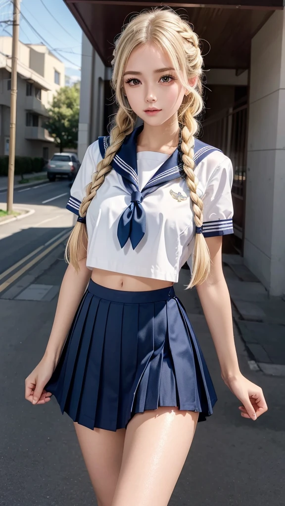 (Highest quality), (masterpiece), (8k), nsfw, (A very beautiful girl stands with one leg raised), (erect penis:1.35), (Her hair is long and light blonde, braided), (She is wearing a cropped sailor uniform),  (short pleated skirt), (skirt lifted up), (Her nipples are visible through the dress:1.2),  (She is blushing with embarrassment), (in front of the school gate), (many students), (Backlight by the morning sun) 

