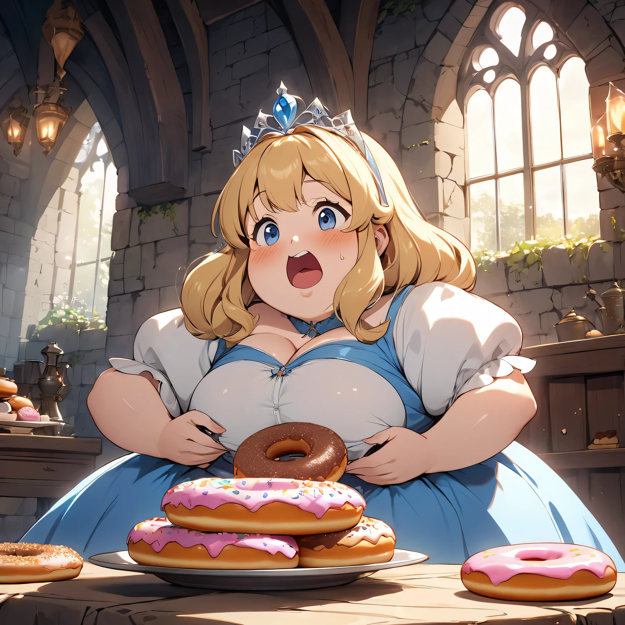 masterpiece、Bold, anime-style illustration、Humorous and crazy。 Cinematic lighting、Inside a medieval European castle、The protagonist is a fairy tale「Cinderella」The protagonist Cinderella。
She eats a lot of donuts、Plump appearance、I&#39;m worried about my weight these days。
