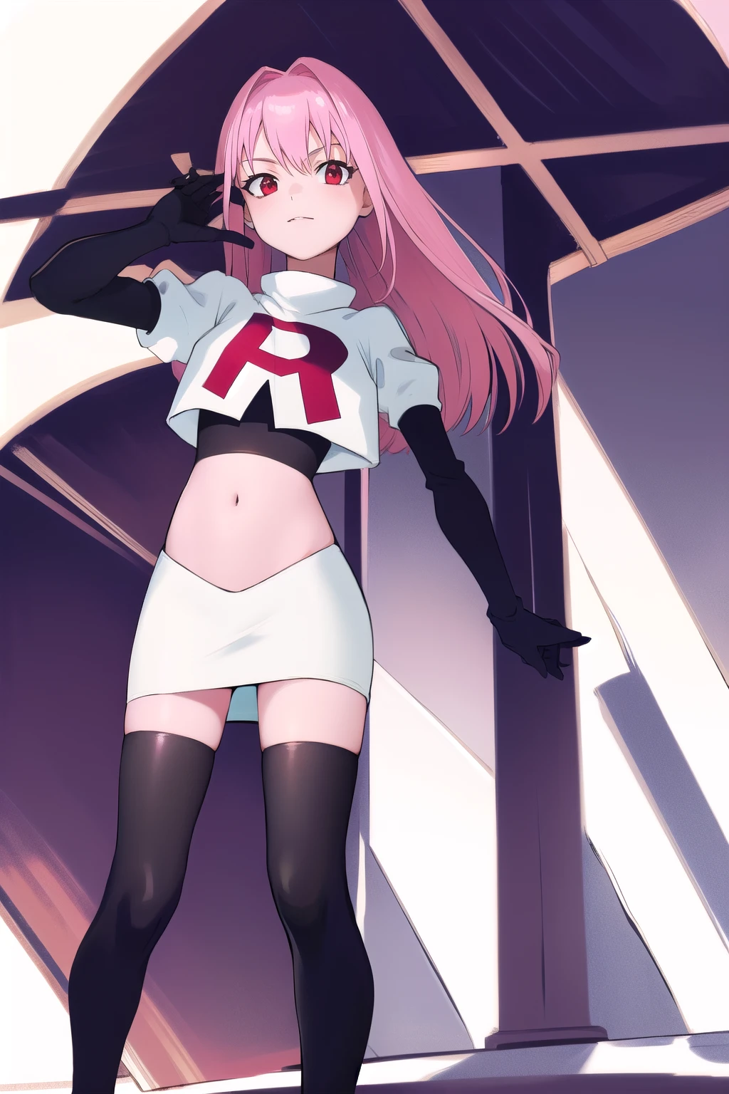Masterpiece, Detailed, High quality, (absurdist), High Sharpness, High resolution, maiddoll, 1girls, Solo, pink hair, cracked skin,team rocket,team rocket uniform,white skirt,red letter R,crop top,black thigh-highs,black elbow gloves