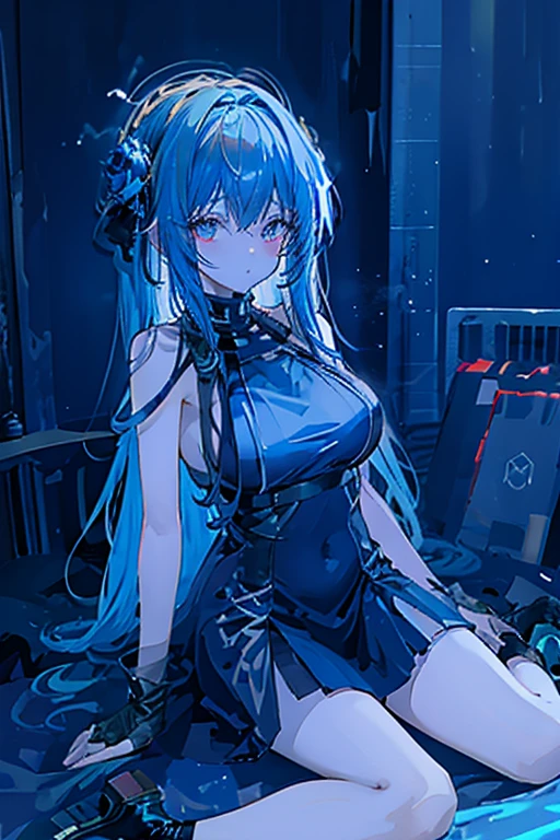 The overall look is dark,Blue glow, Glowing Blue, Glowing Details!, Glowing Aesthetics, Shining with Magical Light, White Glowing Veins, Glowing Details, Shimmering with Colorful Lights, Bioluminescent Skin!, with Glowing Blue lights, anime characters; full body art, Glow effect, Luminous veins, Blue light. fantasy, A cartoon girl in a glowing outfit sits on the ground. The neon on her body is the light source.