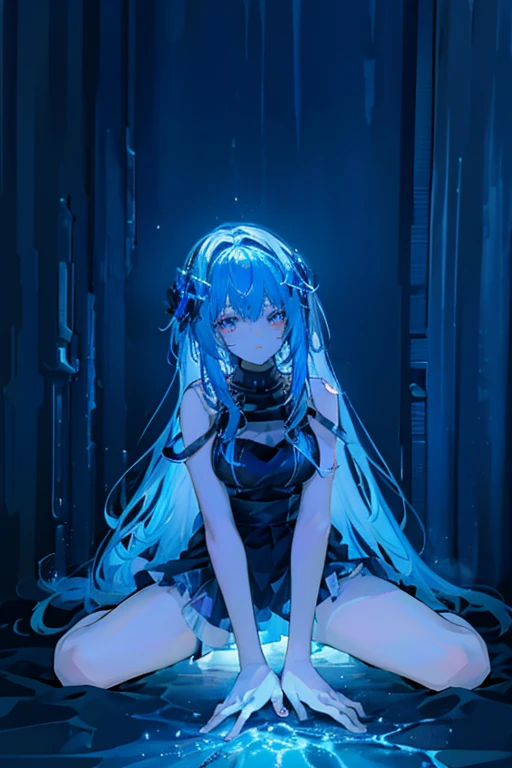 The overall look is dark，Blue glow, Glowing Blue, Glowing Details!, Glowing Aesthetics, Shining with Magical Light, White Glowing Veins, Glowing Details, Shimmering with Colorful Lights, Bioluminescent Skin!, with Glowing Blue lights, anime characters; full body art, Glow effect, Luminous veins, Blue light. fantasy, A cartoon girl in a glowing outfit sits on the ground. The neon on her body is the light source.