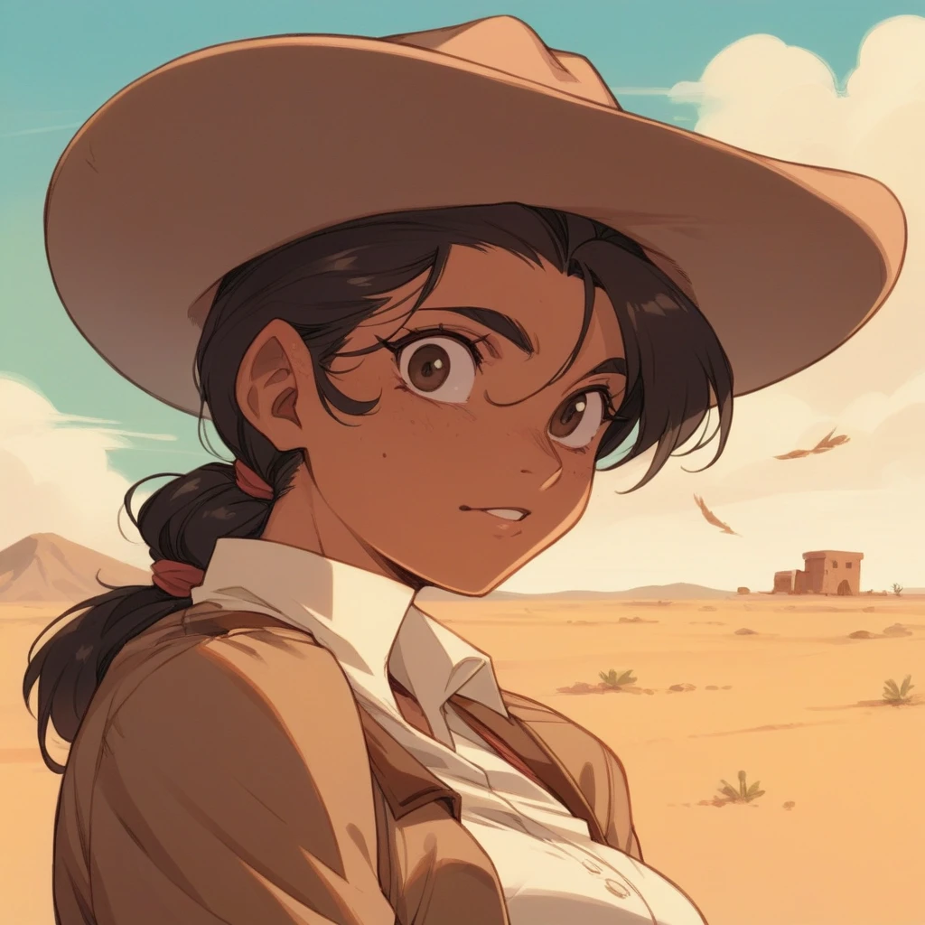 woman with hat and cowboy outfit, She has an enigmatic and mysterious gaze. , It's in the Arizona desert.