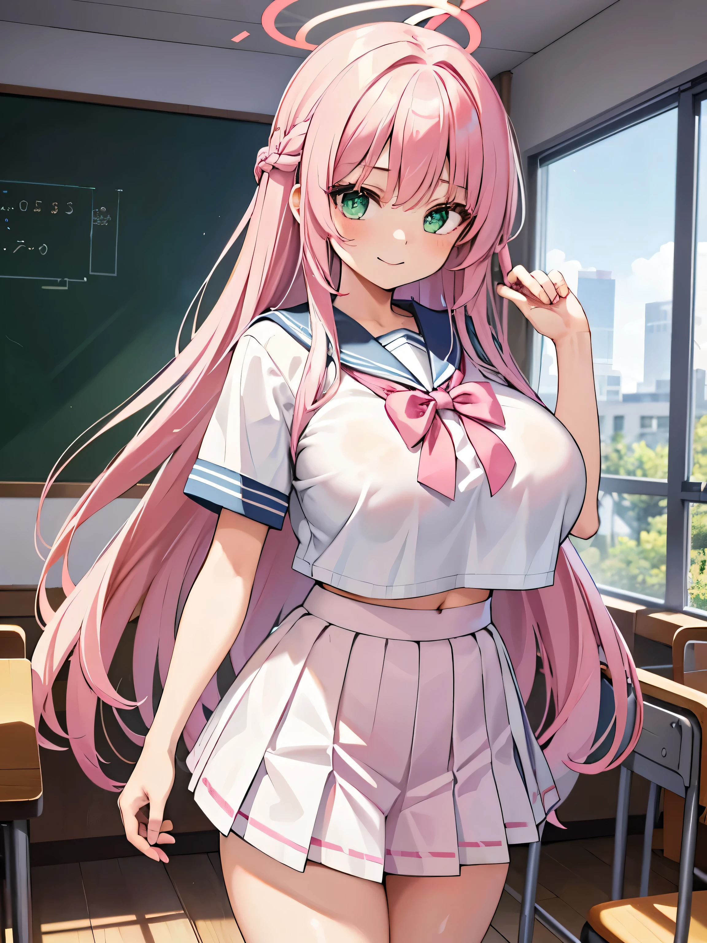 Masterpiece, hd, 2d, 1girl, green eyes, pink hair, long hair, braided hair, ahoge, side ribbon hair ornaments, light smile, very big breasts,sexy, wear school uniform, sailor uniform, serafuku, pink bowties,white uniform, white color skirt, pleated skirt, standing, fullbody, halo, shiny pink halo light, pink halo over heads, classroom, indoor
