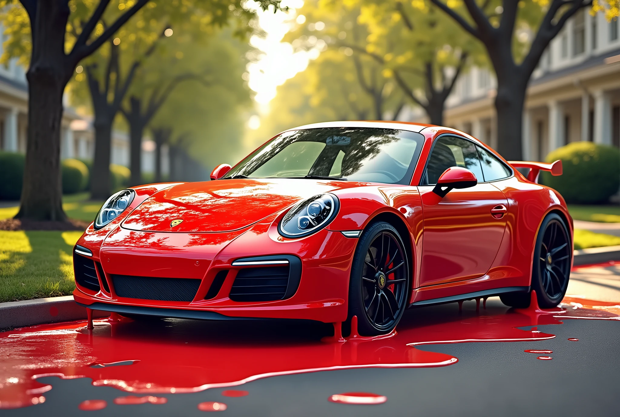 Modern Cartoon, Depict a surreal scene with a Porsche 911 GTS, covered in thick, vibrant red liquid paint that appears to be melting and dripping down the sides of the car. The paint puddles on the ground around the car, creating a flowing, almost organic appearance. The Porsche retains its sleek form beneath the dripping paint, with its distinctive curves and sharp details peeking through. The setting is in a suburban street, with trees in the background. The lighting should be warm and natural, casting soft reflections on the car's glossy surface, while the liquefied paint adds a playful and artistic twist to the otherwise ordinary scene.