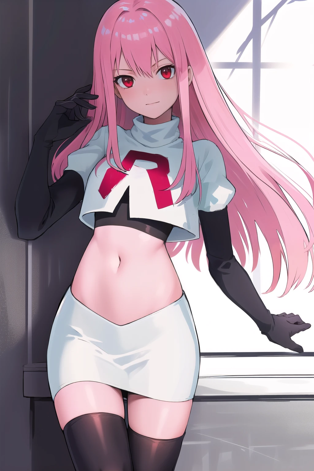 Masterpiece, Detailed, High quality, (absurdist), High Sharpness, High resolution, maiddoll, 1girls, Solo, pink hair, cracked skin,team rocket,team rocket uniform,white skirt,red letter R,crop top,black thigh-highs,black elbow gloves