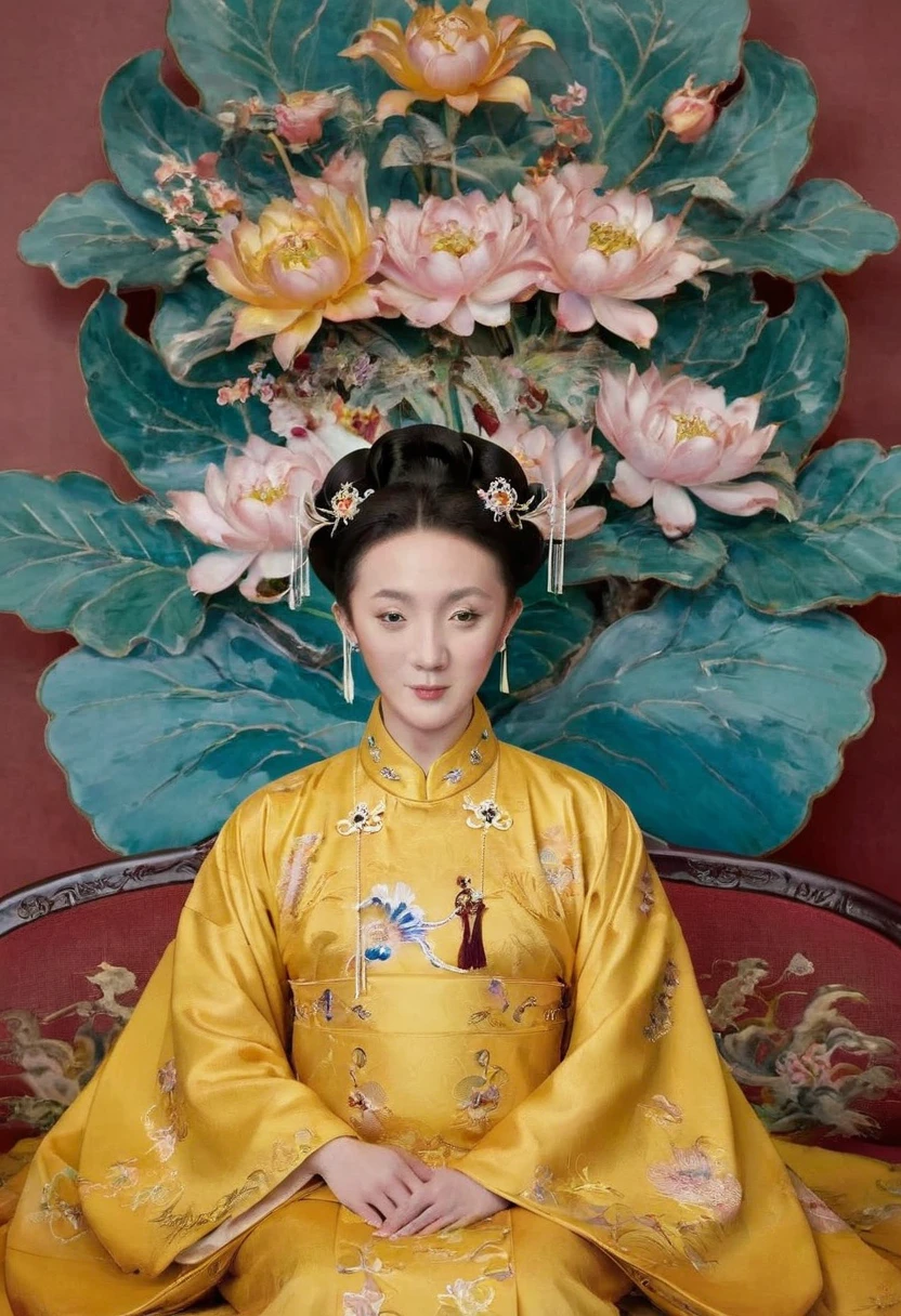 From the pre-Qing period, The Empress sits naked on a large golden sofa in the palace,  Her legs were spread, At the Chinese court during the Qing Dynasty, Empress of the Qing Dynasty, Wearing the great crown of the Chinese Empress, Belly and thighs visible from below.。She is completely naked, Showing off gorgeous large flowers and hairpins, She tied her hair up and pulled it up, 背景はEmpress of the Qing Dynastyの豪華な宮殿.