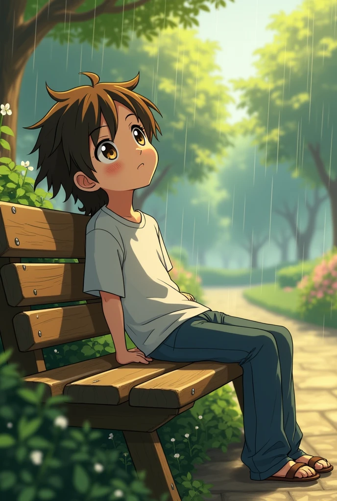 Anime, ghibli style anime, White skin, Brown eyes, Long brown hair, Gender: Male, Cute face, Sparkle in eyes, Details of all body parts, Location details, Sitting leaning on the back of a bench, Head facing the sky, Morning rays falling on his face, Behind a quiet morning park, His eyes are slightly open, His hands are resting on the back of the bench, Dressed in casual clothes, It is raining, His clothes are slightly wet.