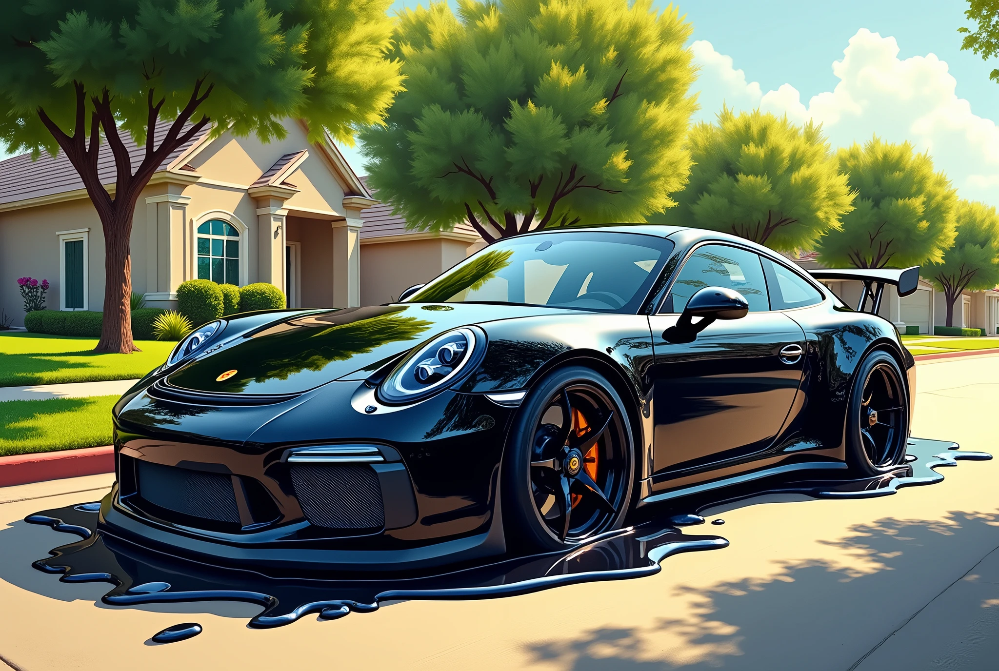 Modern Cartoon, Depict a surreal scene with a Porsche 911 GTS, covered in thick, vibrant black liquid paint that appears to be melting and dripping down the sides of the car. The paint puddles on the ground around the car, creating a flowing, almost organic appearance. The Porsche retains its sleek form beneath the dripping paint, with its distinctive curves and sharp details peeking through. The setting is in a suburban street, with trees in the background. The lighting should be warm and natural, casting soft reflections on the car's glossy surface, while the liquefied paint adds a playful and artistic twist to the otherwise ordinary scene.
