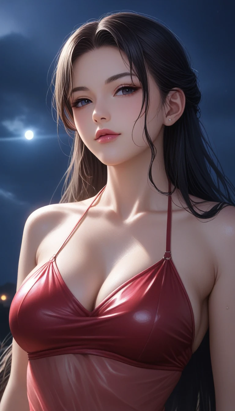 score_9, score_8_superior, score_7_superior, High-resolution CG illustration,A masterpiece in 32K resolution,Highest quality,it is really amazing,Very detailed,Ultra-high resolution,Ultra-realistic,Realistic,Increased depth of field,Cinematic lighting,
Sexy mature Japan woman,
Glossy black hair,Straight Long Hair,Showing his forehead,god々Beautiful,Ultra-detailed and beautiful face,Sensual look,Beautiful dark brown, moist eyes,Pitch black eyes,Glowing, moisturized skin,Translucent white skin,born々New skin texture,Wet body,Great proportions,
Elegant red swimsuit,
Simple design,Chic color scheme based on red,詳細なborn地の質感,
A dark and blurry night background,Dark overcast sky on a dull night,Dark clouds filling the sky,Thundercloud,Coastline at night,Stormy seas,delay々A desolate sandy beach that continues,
Beautiful back view,(Low - Angle:1.2),