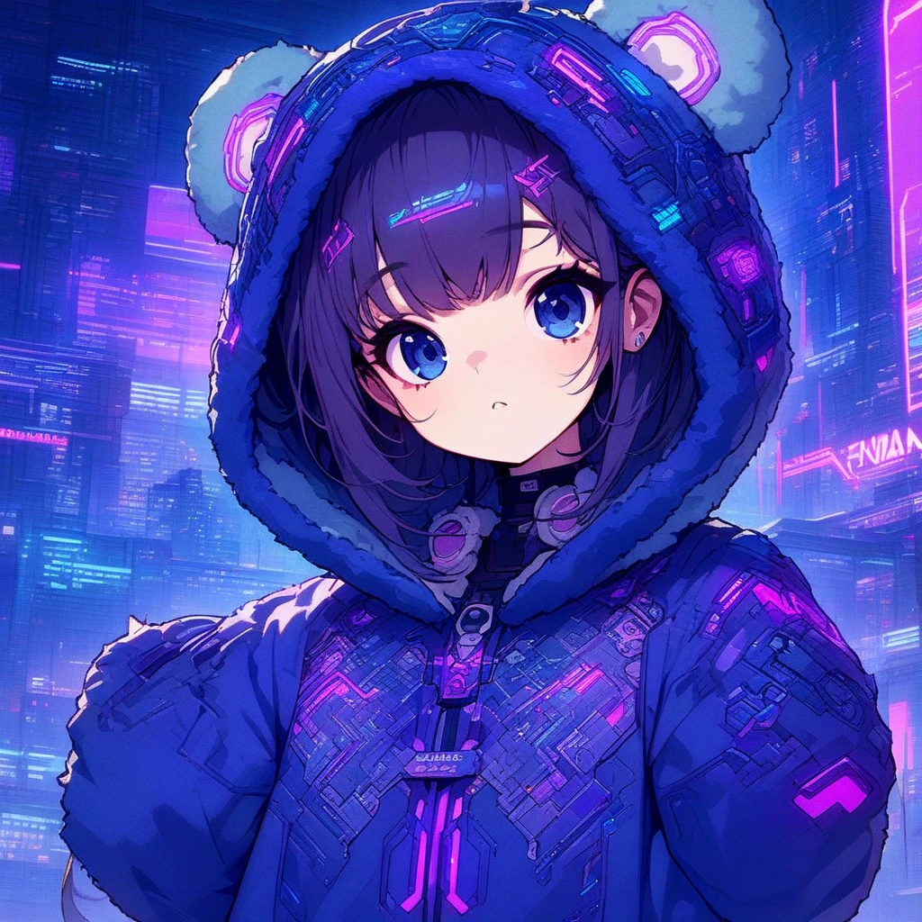 (masterpiece:1.2), (best quality:1.2), (high resolution:1.1), a cute girl, wearing a bear costume, cyberpunk background, neon lights, glowing circuitry, intricate details, futuristic cityscape, anime-style, blue and purple hues, detailed character design, soft lighting, (detailed fur texture:0.8), (cybernetic elements:0.7)