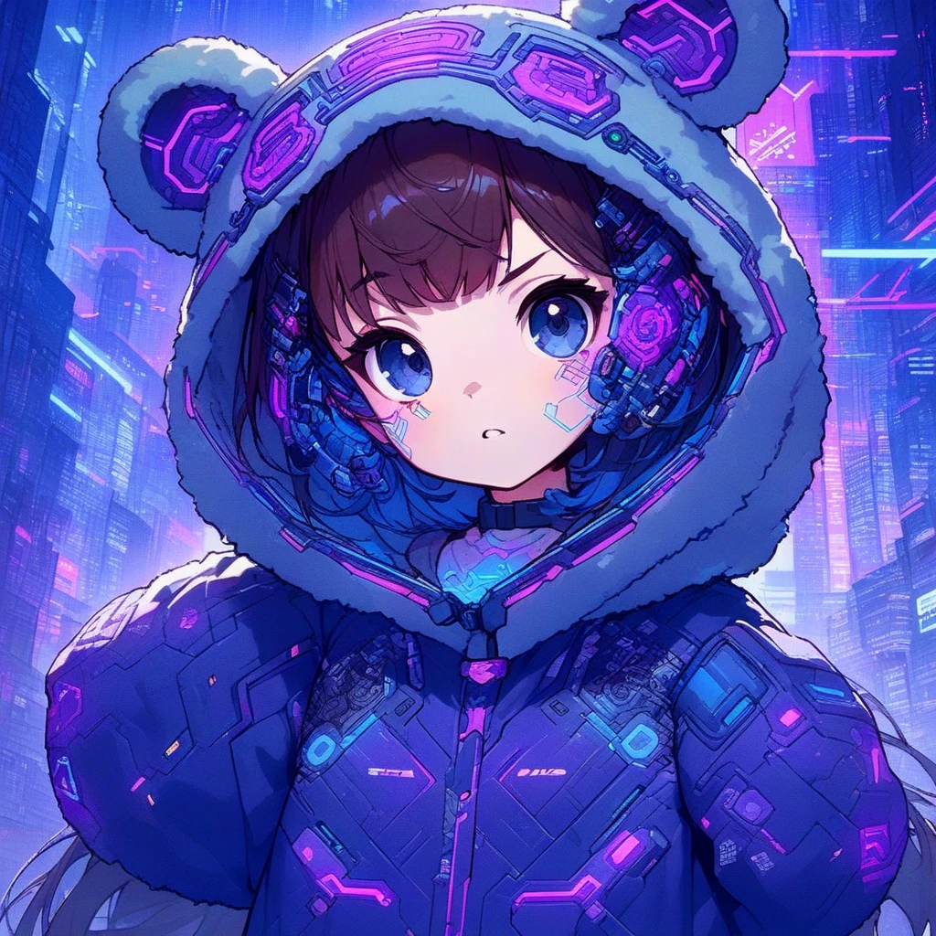 (masterpiece:1.2), (best quality:1.2), (high resolution:1.1), a cute girl, wearing a bear costume, cyberpunk background, neon lights, glowing circuitry, intricate details, futuristic cityscape, anime-style, blue and purple hues, detailed character design, soft lighting, (detailed fur texture:0.8), (cybernetic elements:0.7)