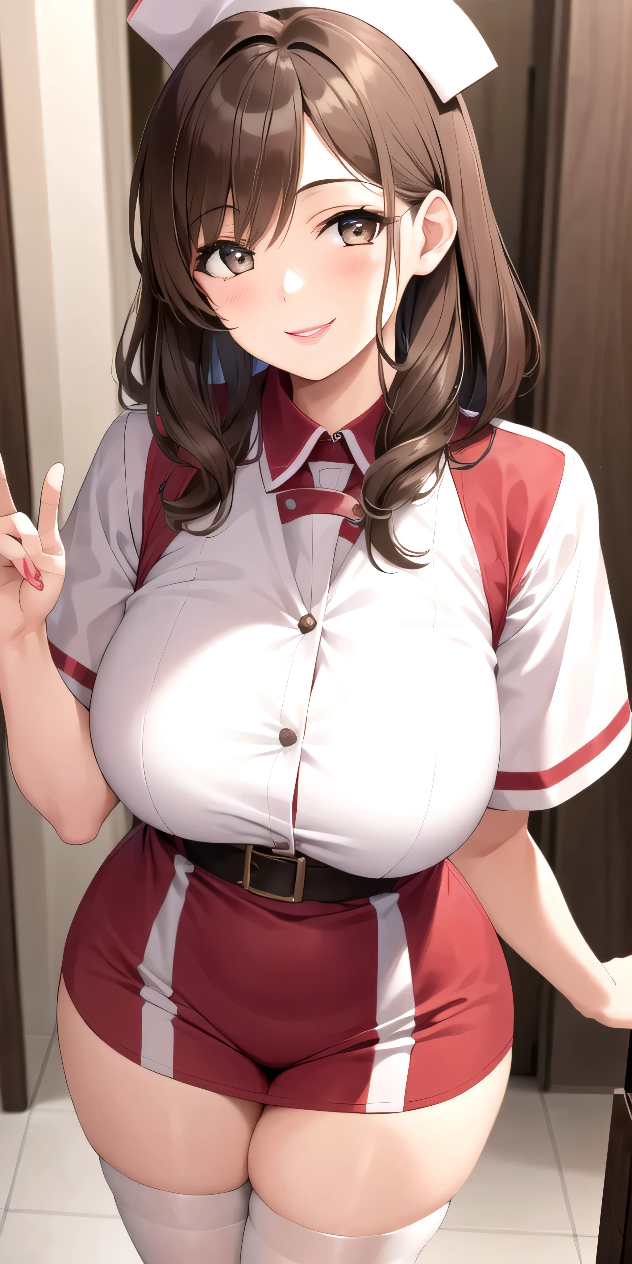 One girl, alone, Brown Hair, lipstick, Large Breasts, Thighs, Nurse uniform, smile, Are standing